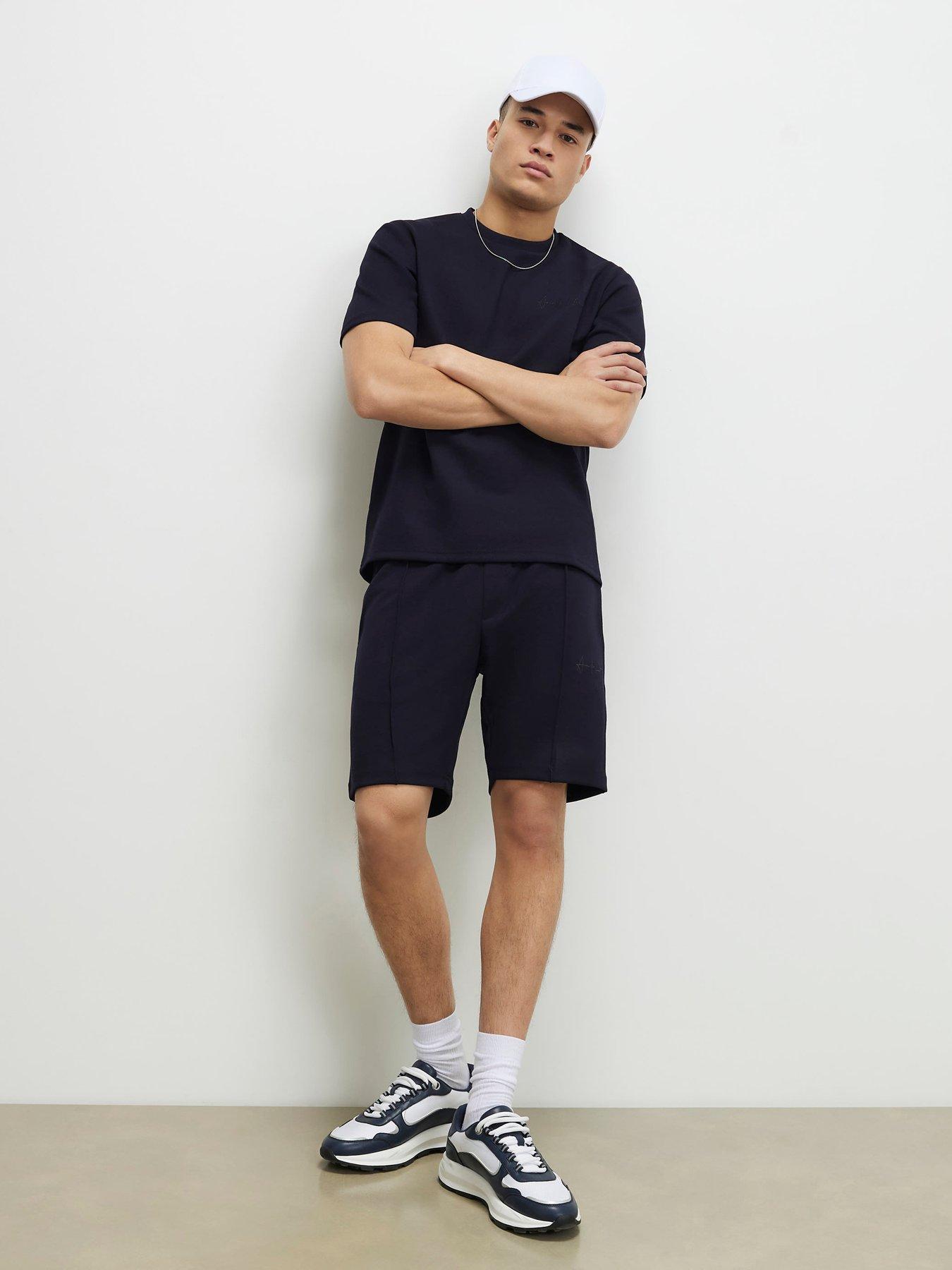 River Island Slim Fit Bonded Interlock Shorts - Navy