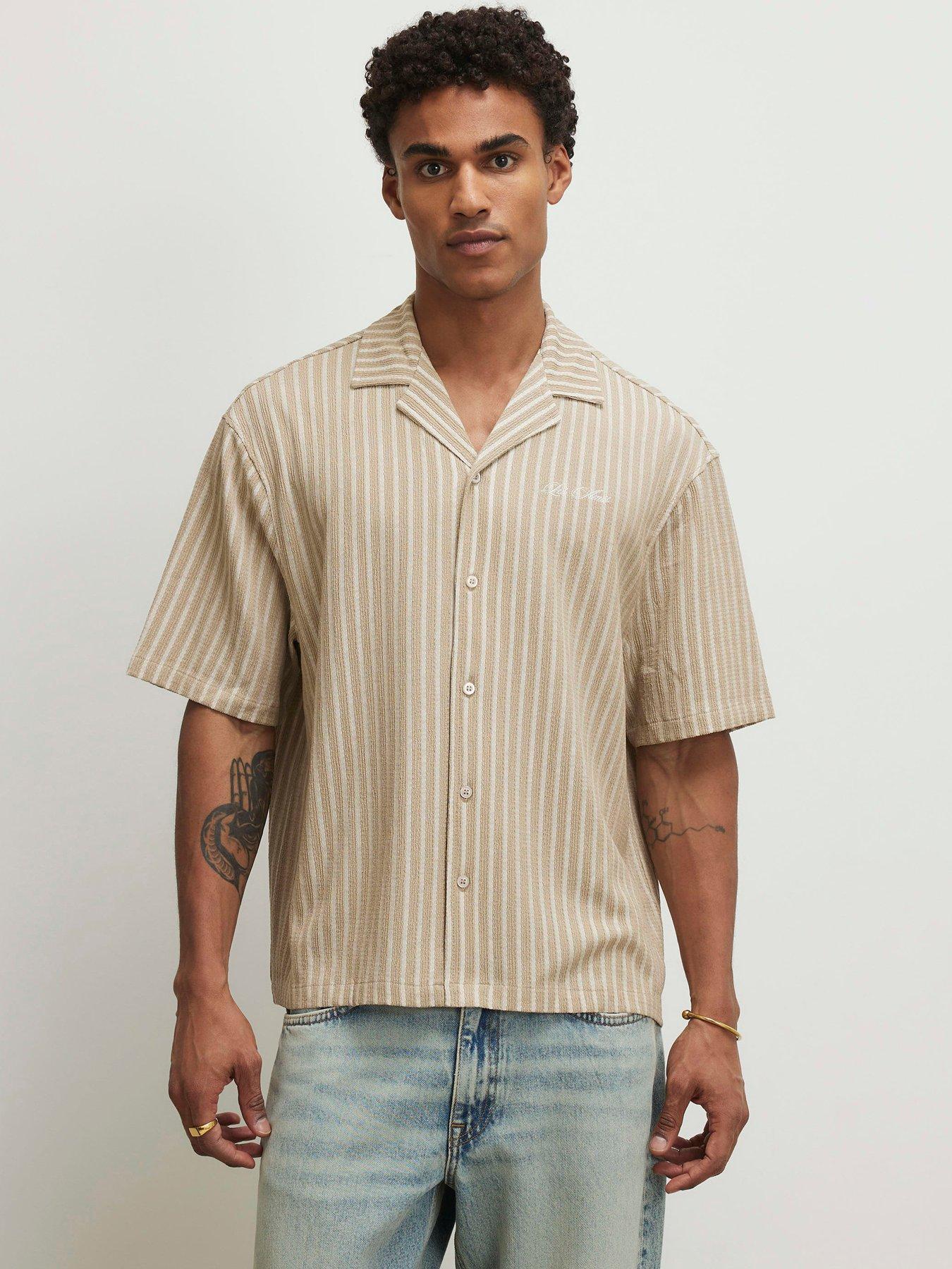 River Island Short Sleeve Reg Textured Stripe Shirt - Grey