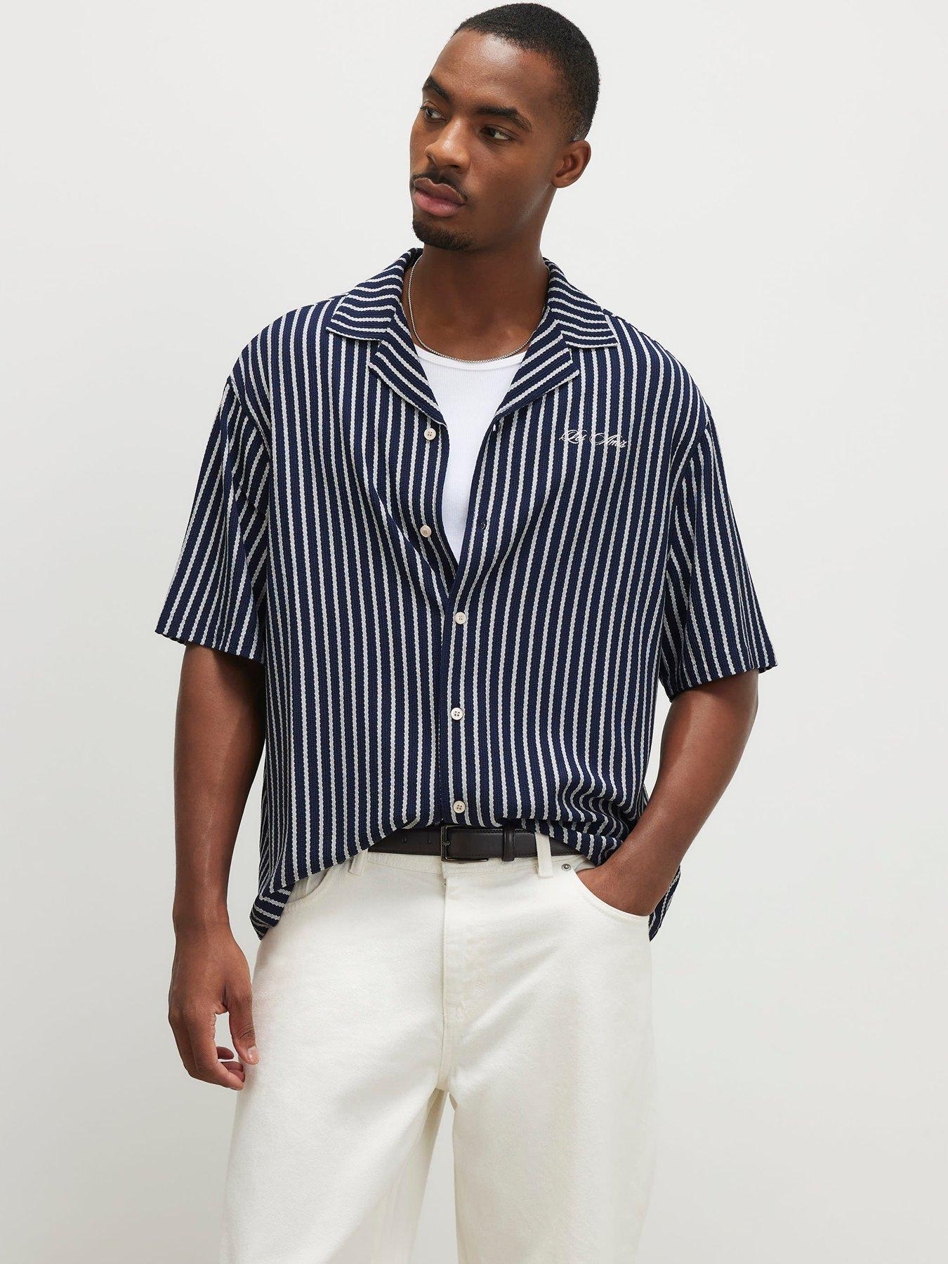 Image 1 of 6 of River Island Short Sleeve Reg Textured Stripe Shirt - Navy