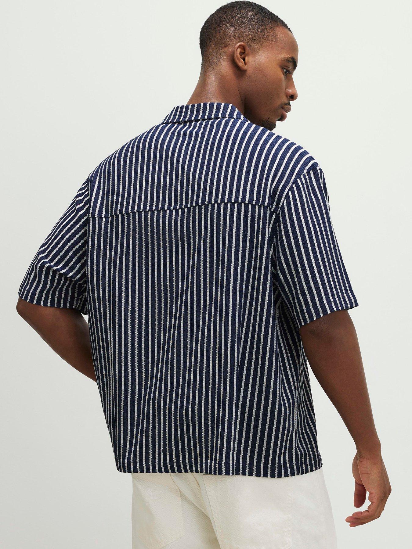 Image 2 of 6 of River Island Short Sleeve Reg Textured Stripe Shirt - Navy