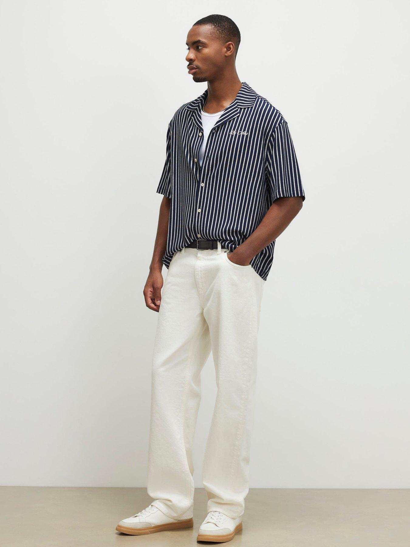 Image 3 of 6 of River Island Short Sleeve Reg Textured Stripe Shirt - Navy