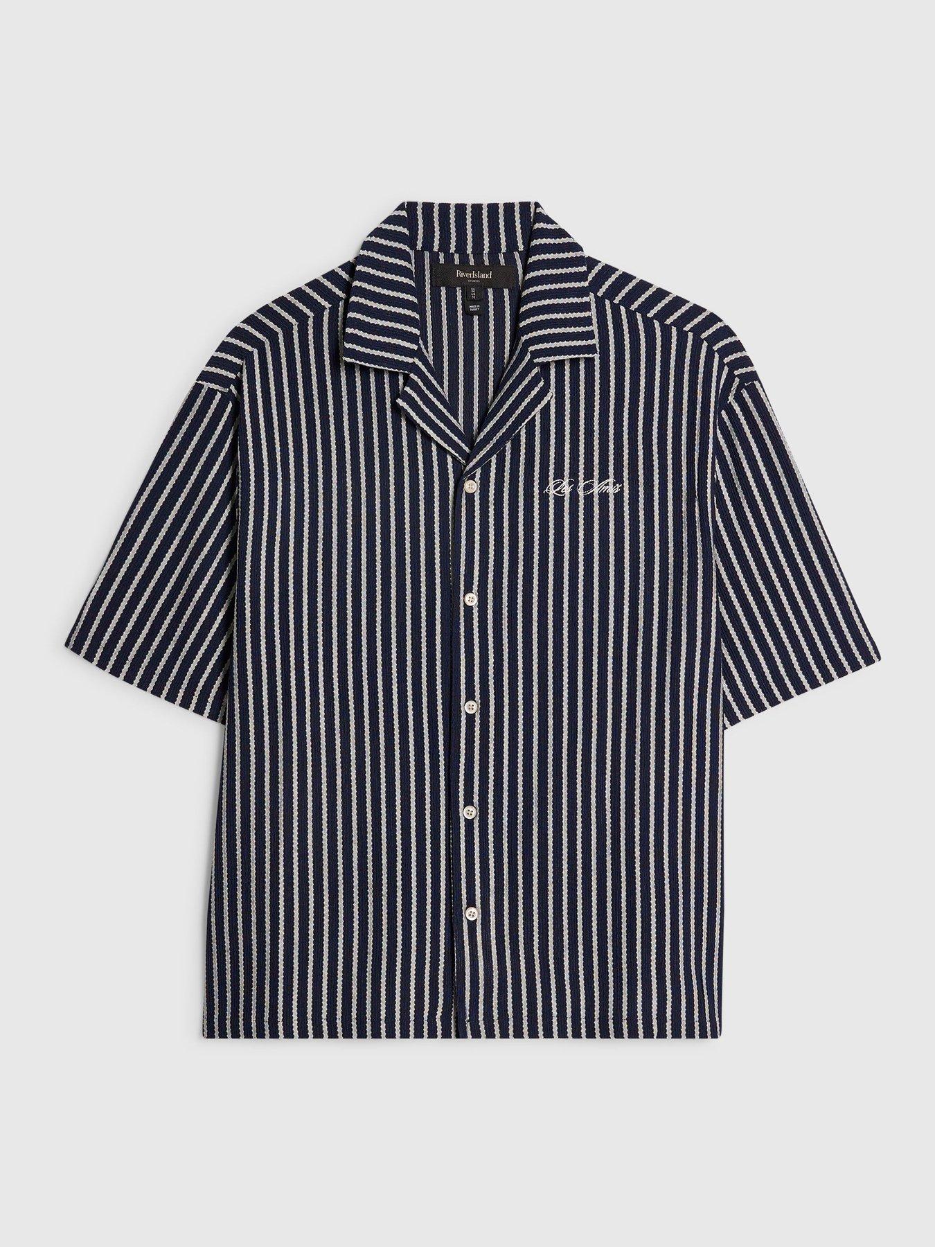 Image 5 of 6 of River Island Short Sleeve Reg Textured Stripe Shirt - Navy