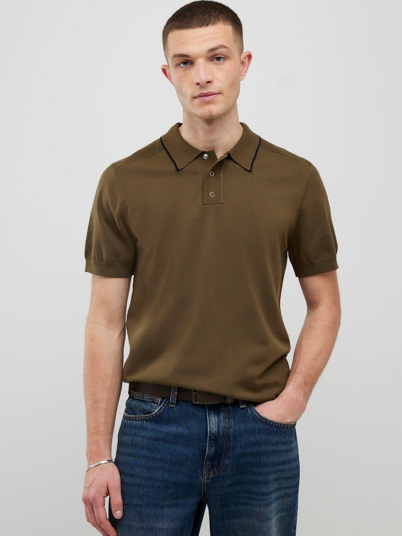 River Island Short Sleeve Engineered Knitted Polo Shirt - Khaki