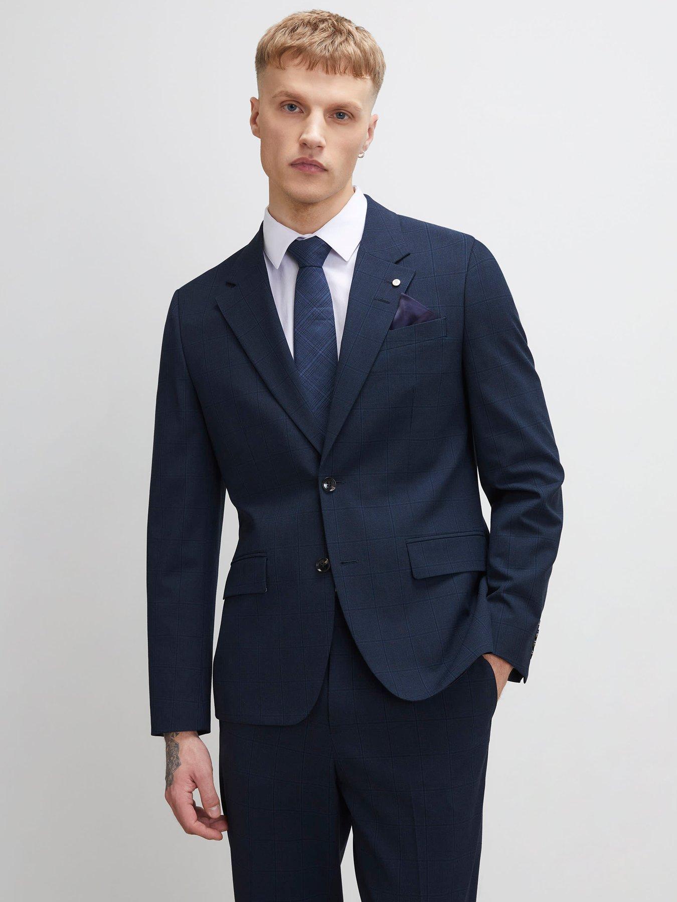 front image of river-island-check-slim-suit-jacket-navy