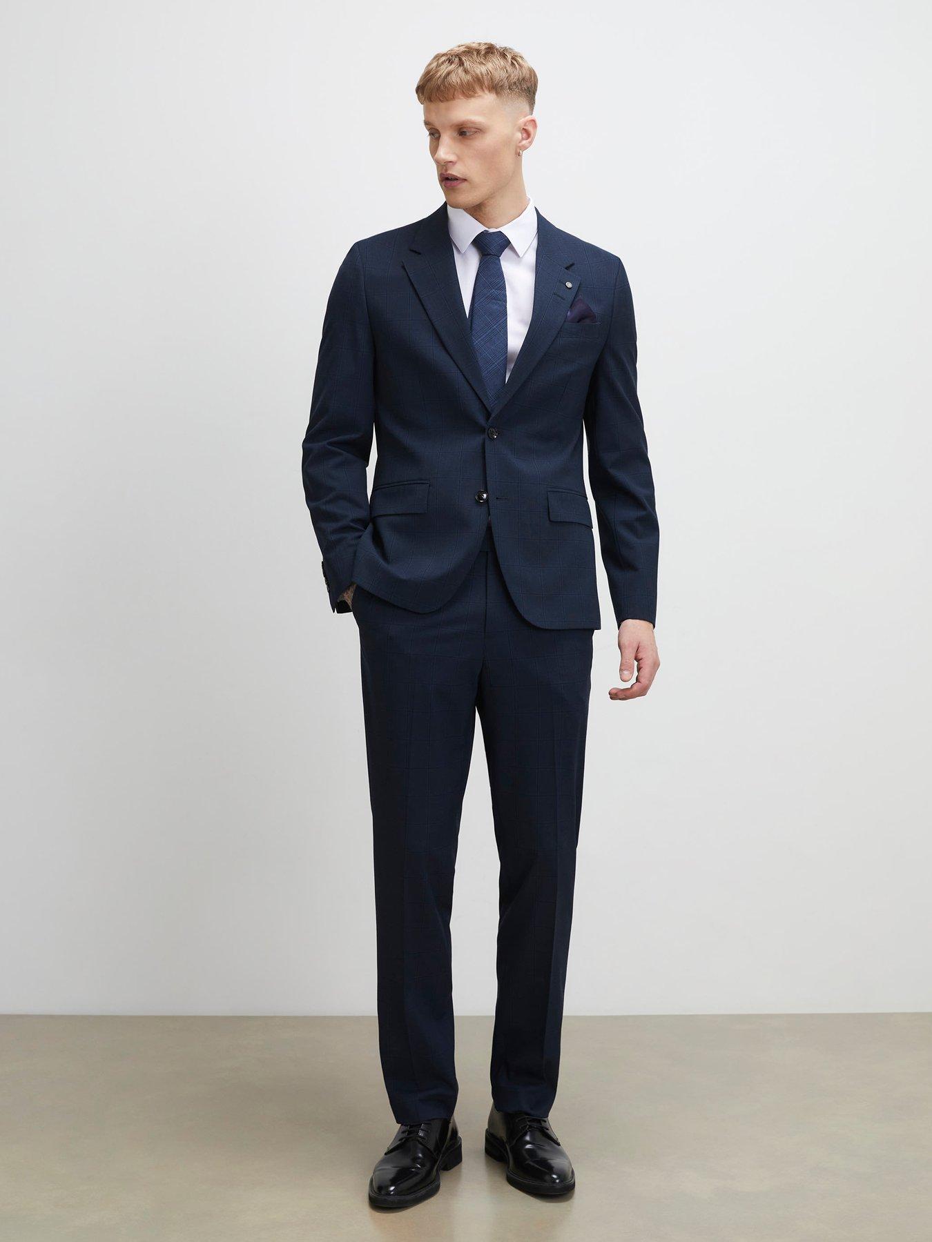  image of river-island-check-slim-suit-jacket-navy