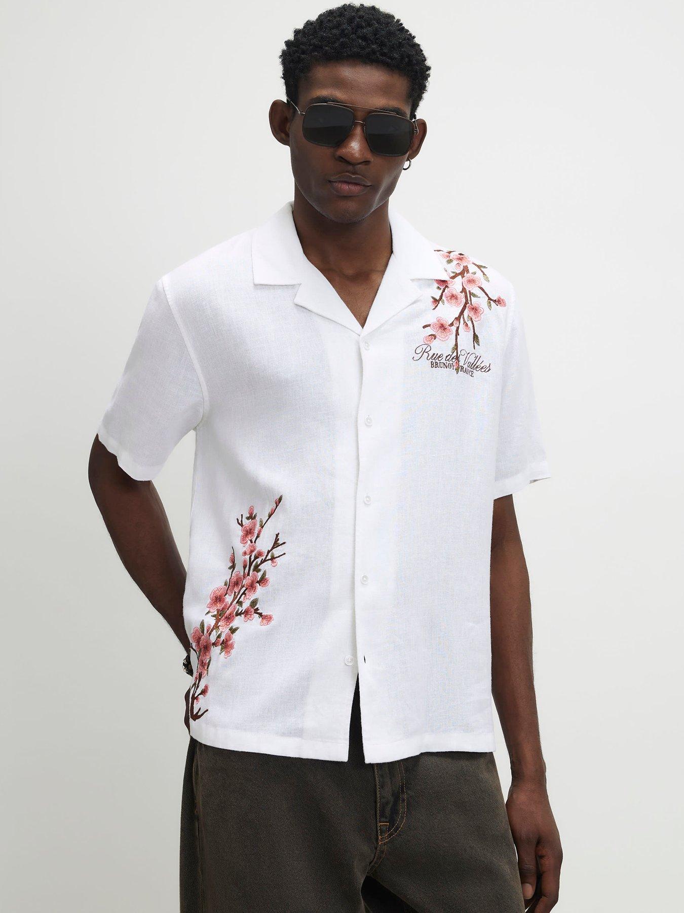 River Island Short Sleeve Cherry Blossom Linen Shirt - White