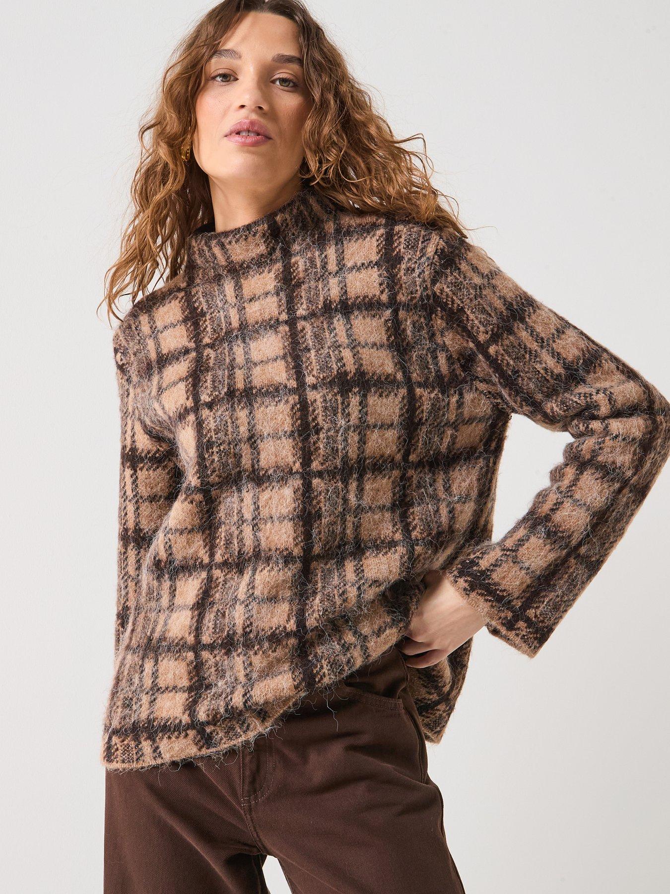 only-louise-long-sleeve-check-jumper-brown