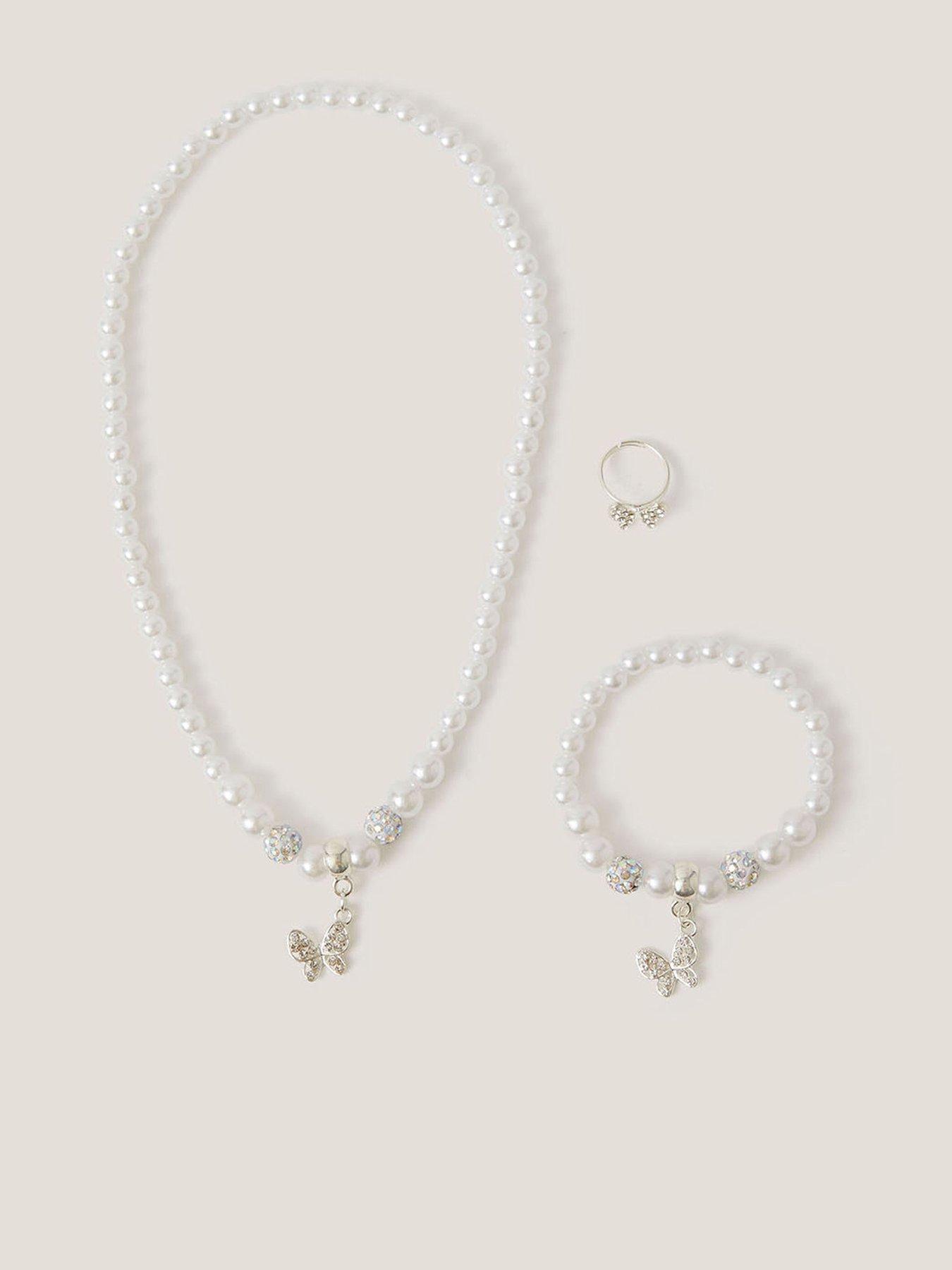  image of monsoon-girls-bridesmaid-pearly-butterfly-jewellery-set-light-cream