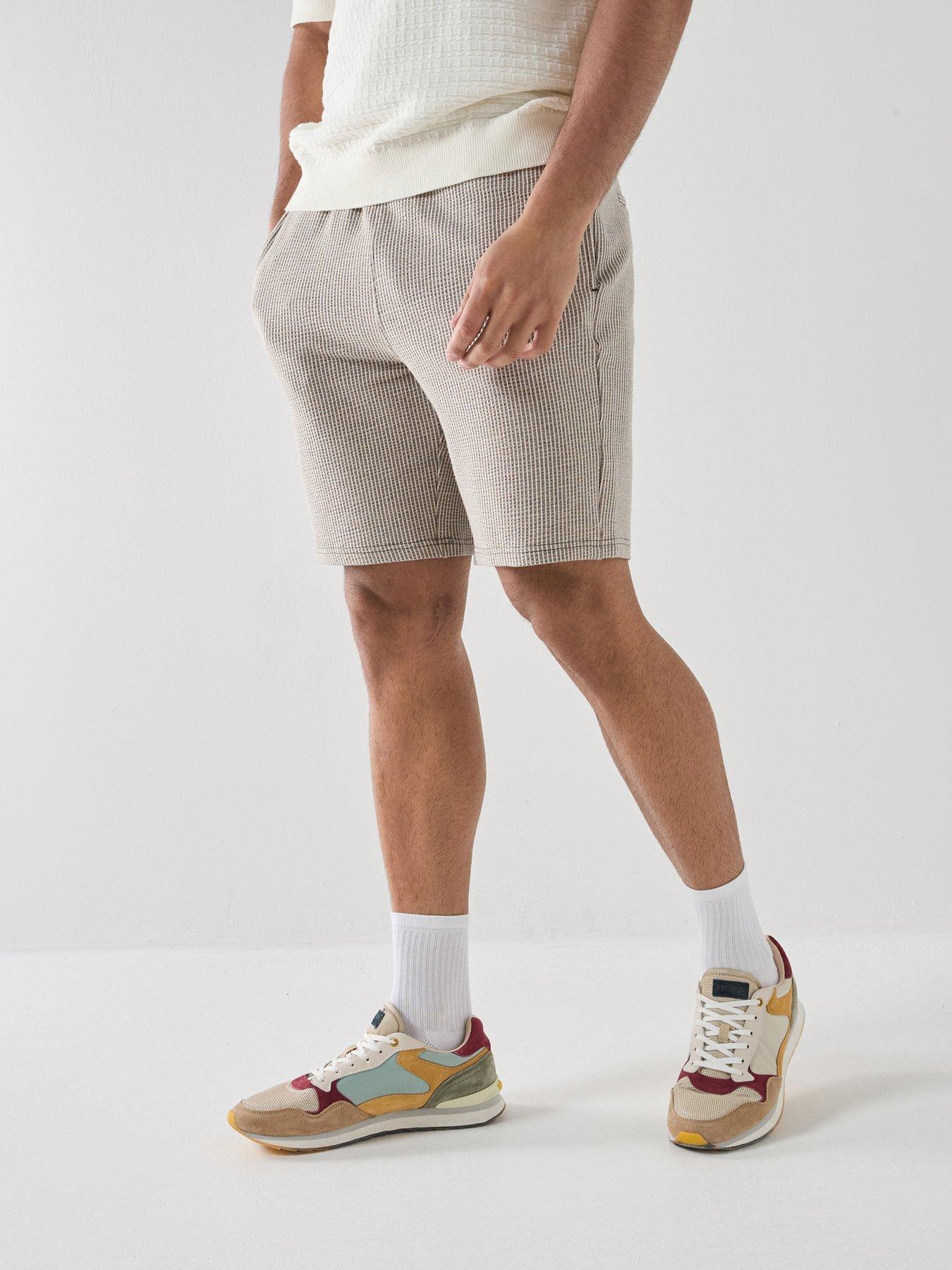 ONLY & SONS Kian Seersucker Stripe Short Sleeve Shorts - Brown
