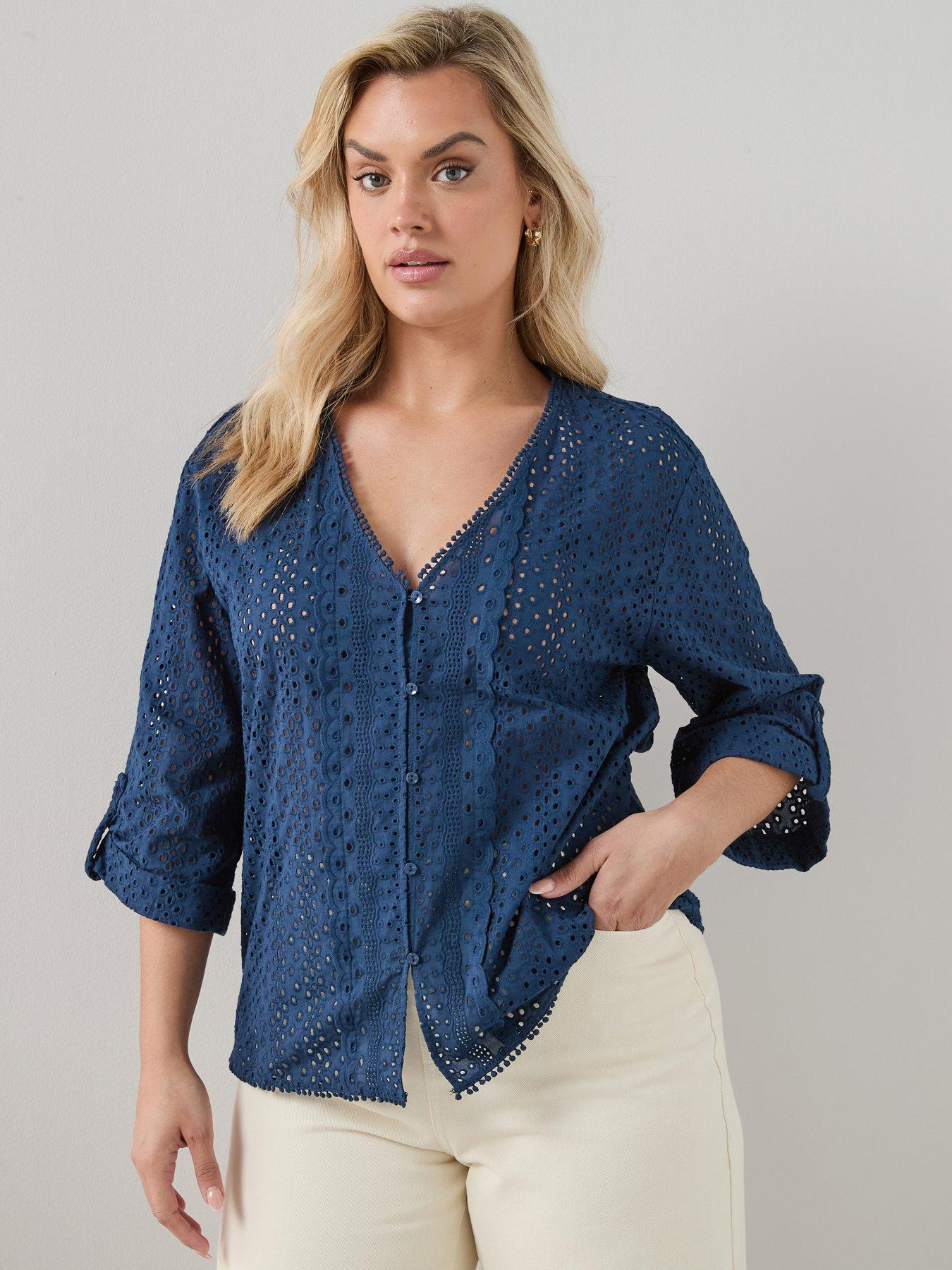The Very Collection Curve Broderie V Neck Blouse - Navy