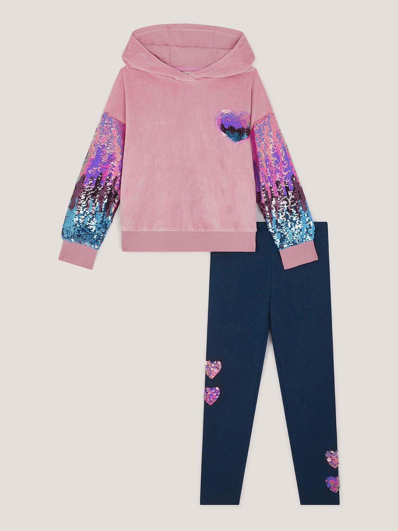  image of monsoon-girls-velour-sequin-arm-hoody-and-legging-set-pink
