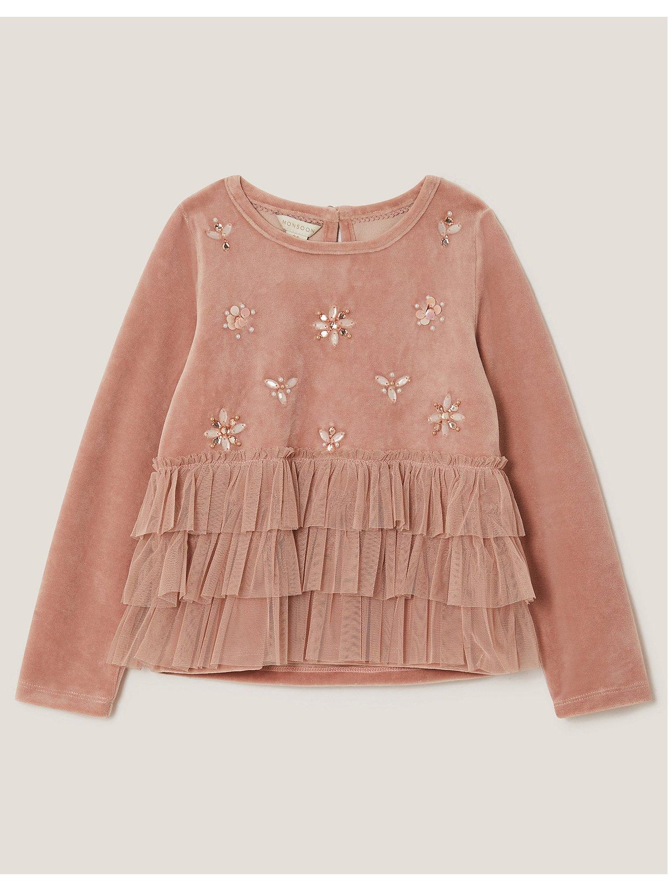 stillFront image of monsoon-girls-velour-embroidered-mesh-tierred-top-pink