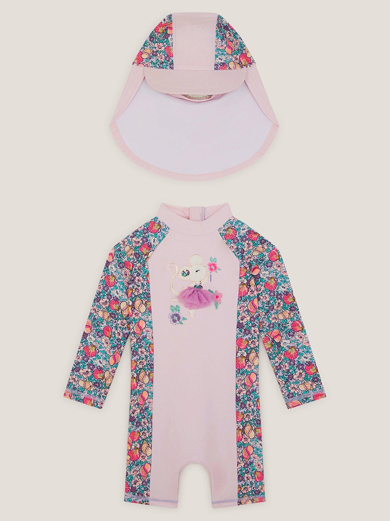 Monsoon Baby Girls 2 Piece Shell Print Upf Rash Suit & Hat- Pink