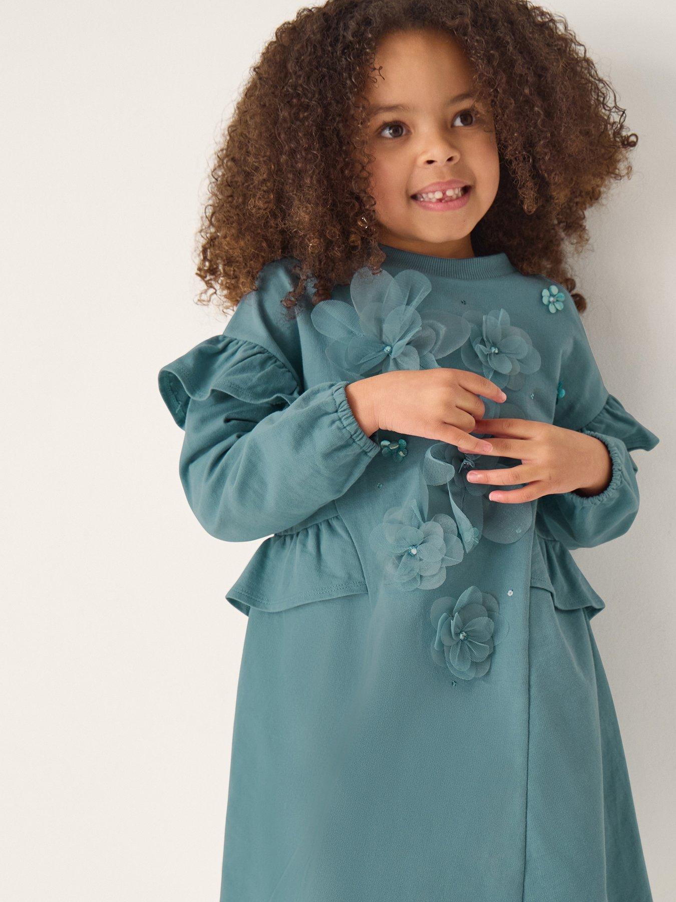 front image of monsoon-girls-floral-sequim-sweat-dress-green