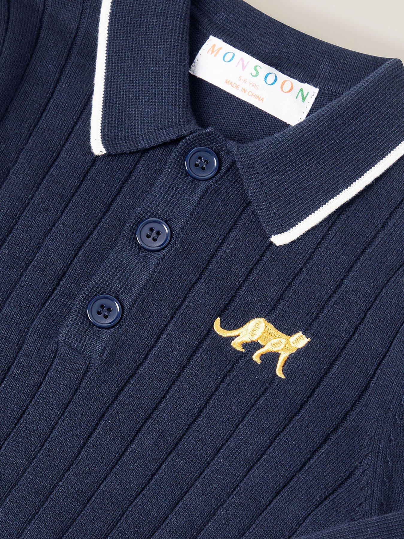  image of monsoon-boys-rib-knitted-long-sleeve-polo-shirt-navy