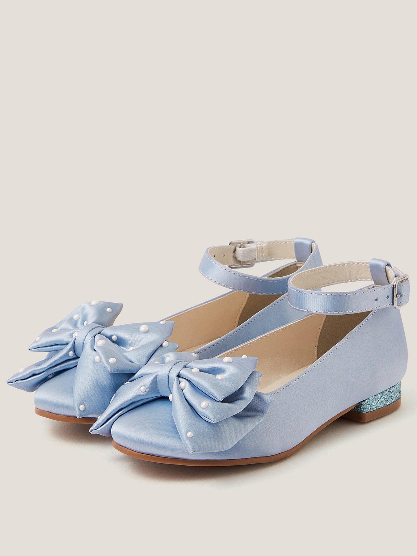 Monsoon Girls Satin Pearl Bow Flat Shoes - Blue