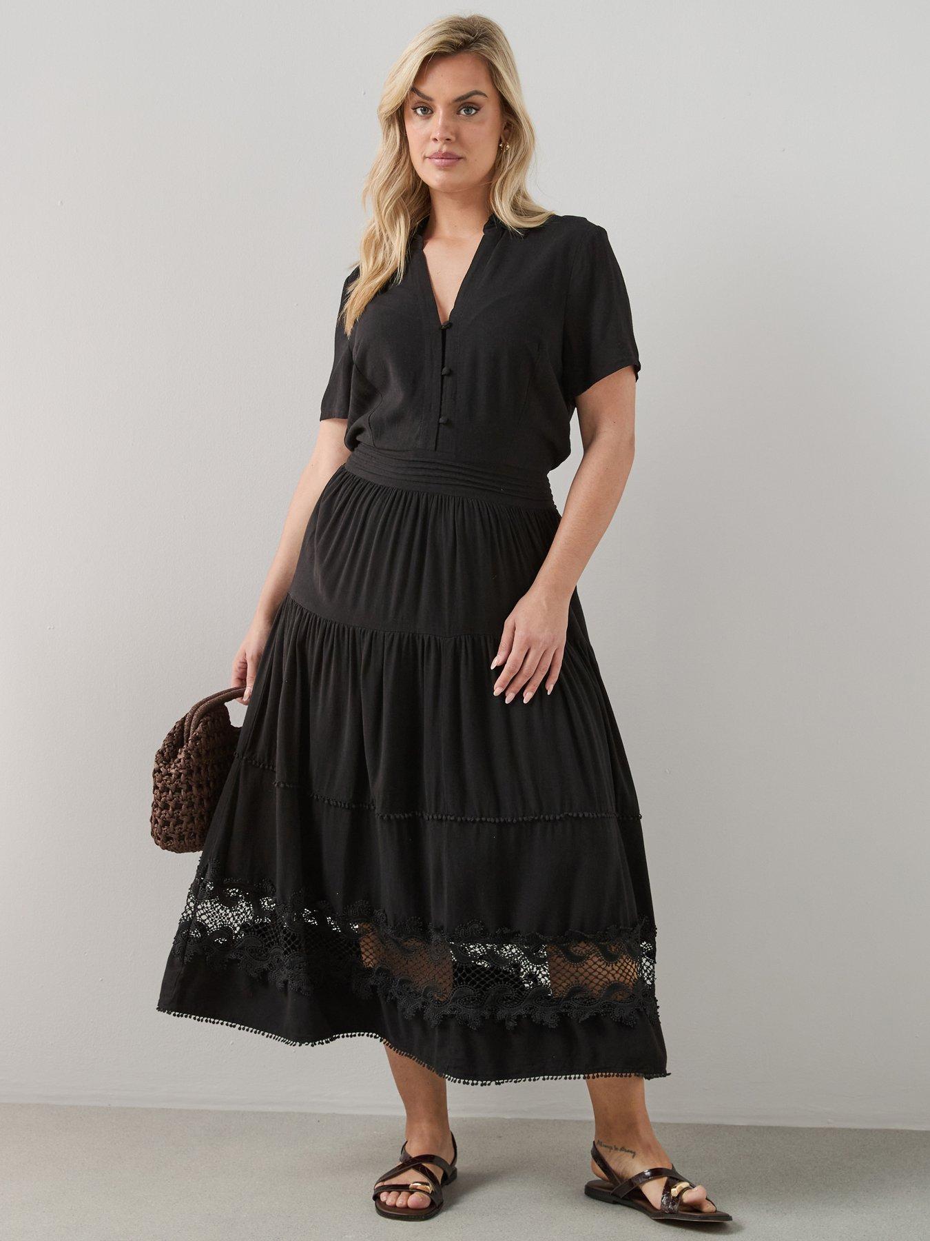 The Very Collection Curve Lace Trim Button Through Linen Mix Midaxi Dress - Black