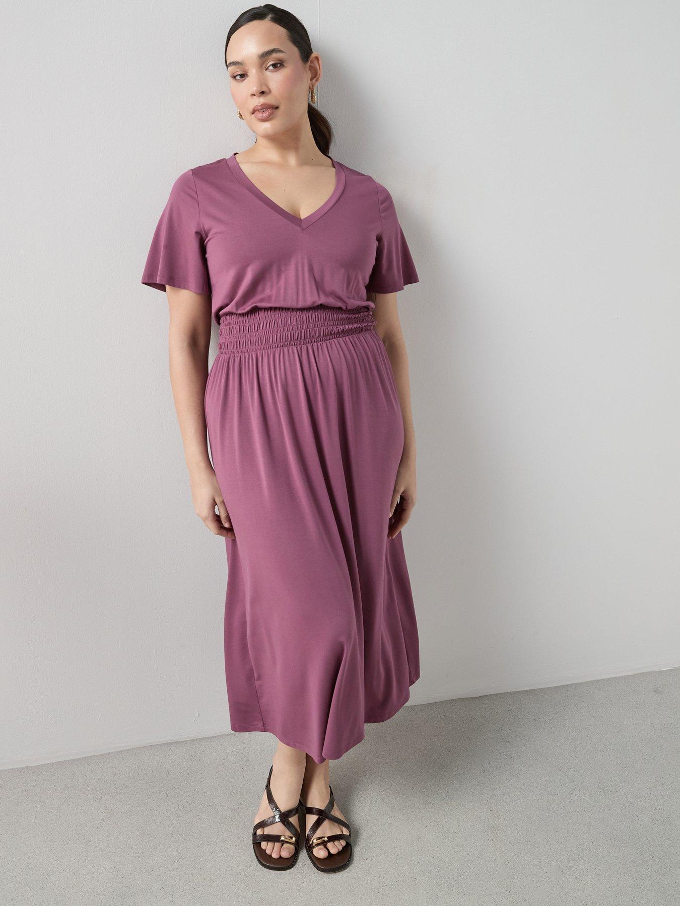 The Very Collection Curve Shirred Waist Stretch Short Sleeve Midi Dress - Pink