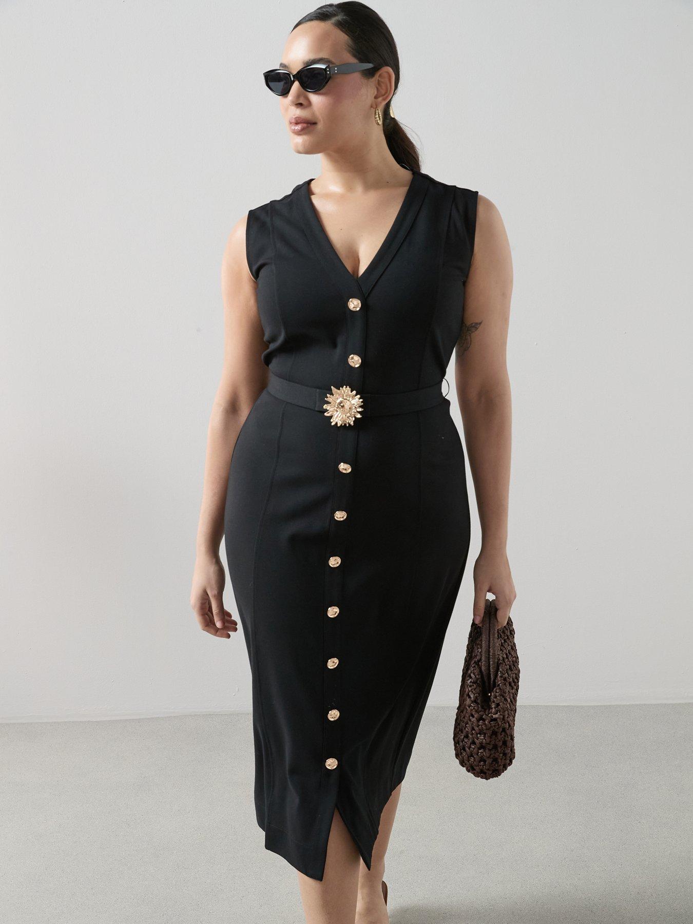 The Very Collection Curve Gold Trim Belted Sleeveless Midi Dress - Black