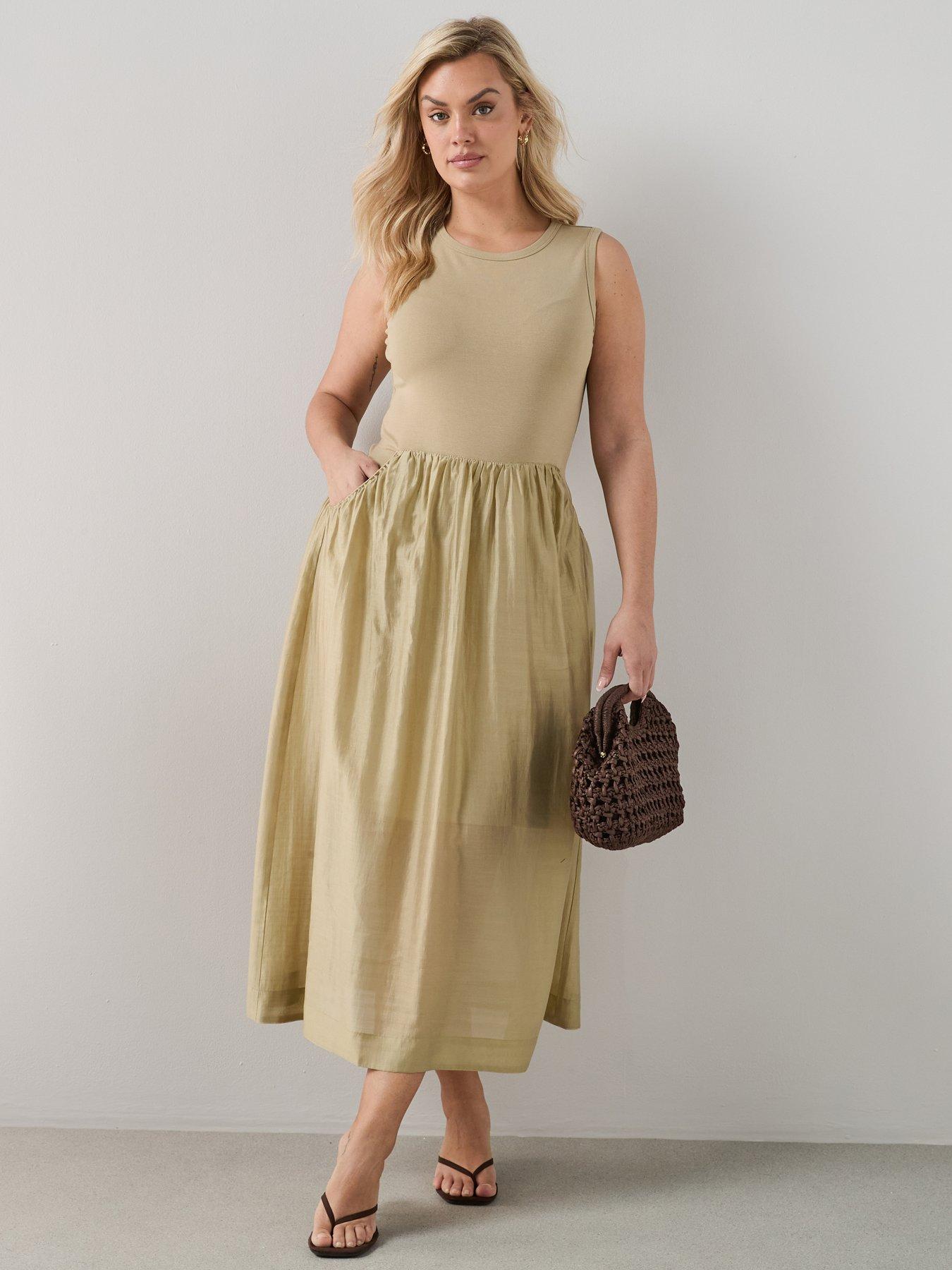 Image 1 of 6 of The Very Collection Curve Woven Skirt Midaxi Dress - Green