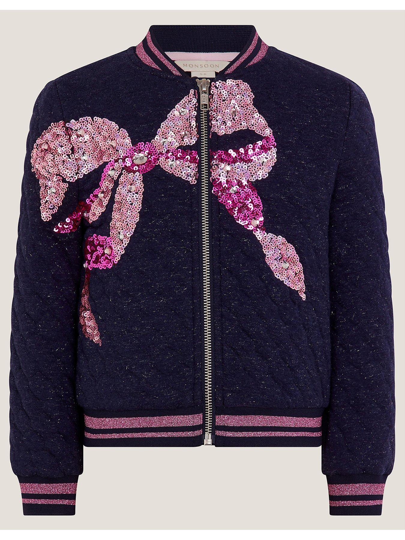 image of monsoon-girls-bow-sequin-embroidered-bomber-jacket-navy
