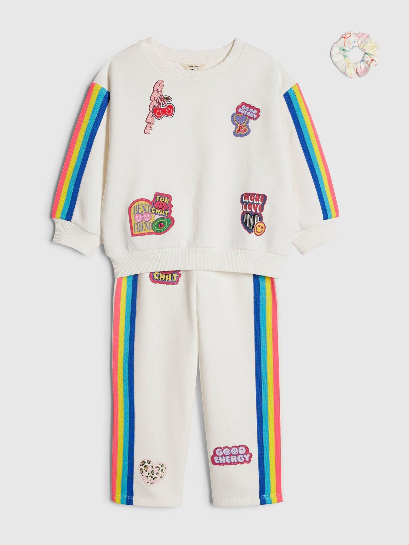 Image 3 of 5 of River Island Mini Girls Rainbow Badged Sweatshirt Set - Cream