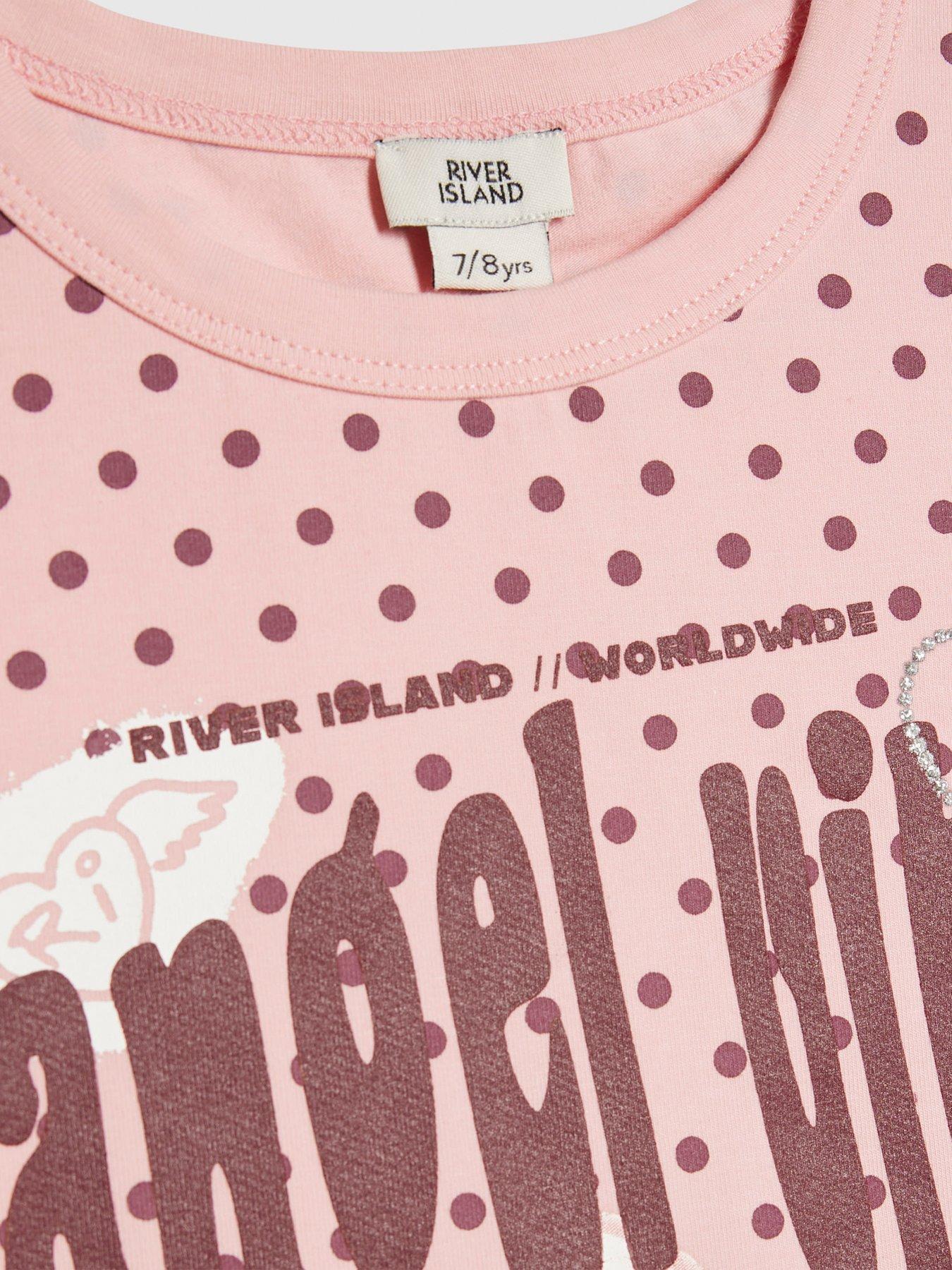 Image 4 of 4 of River Island Older Girls Polka Dot Angel Vibe T-Shirt - Pink