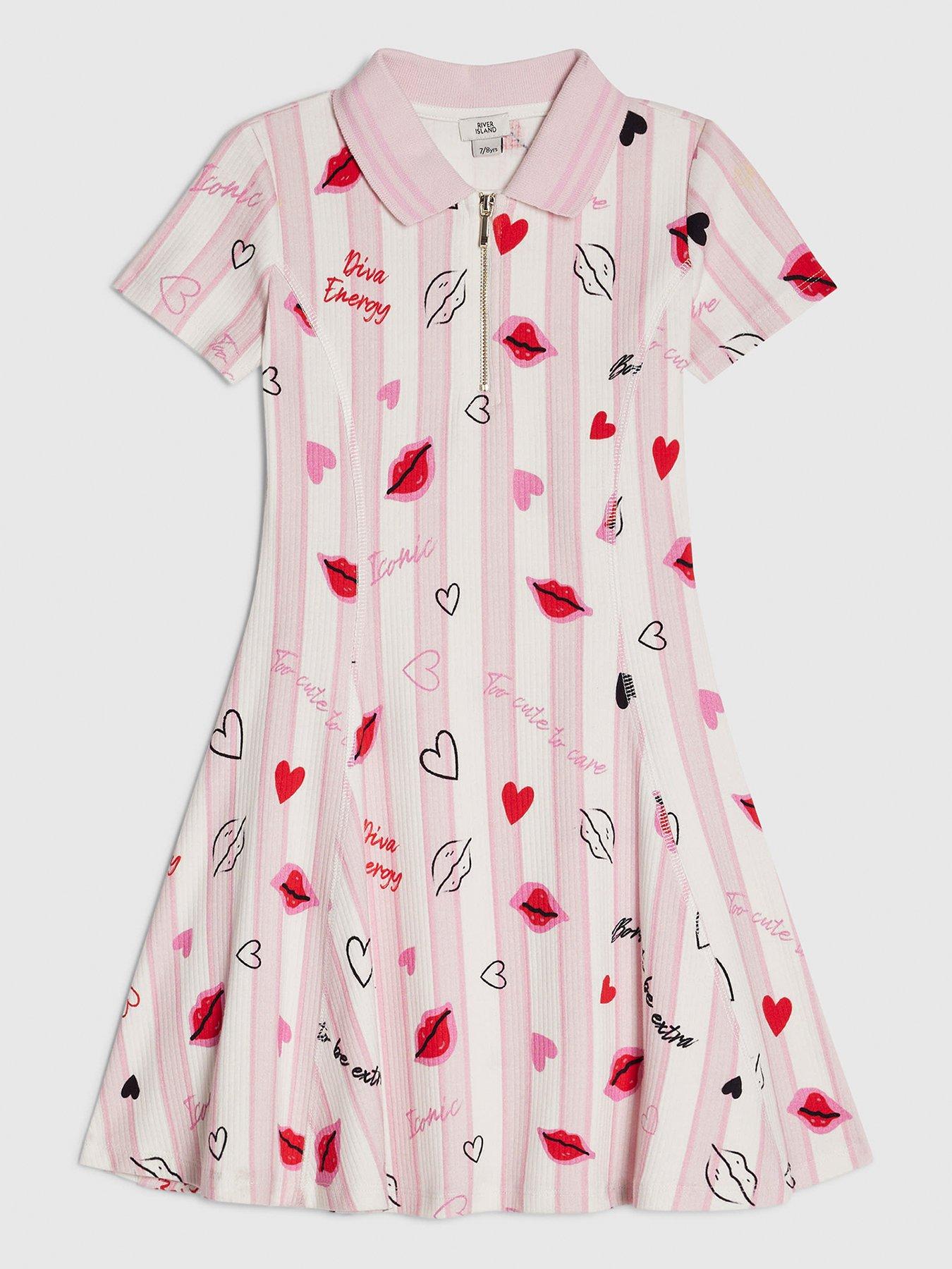 Image 1 of 4 of River Island Older Girls Stripe Lip Fit And Flared Dress - Pink