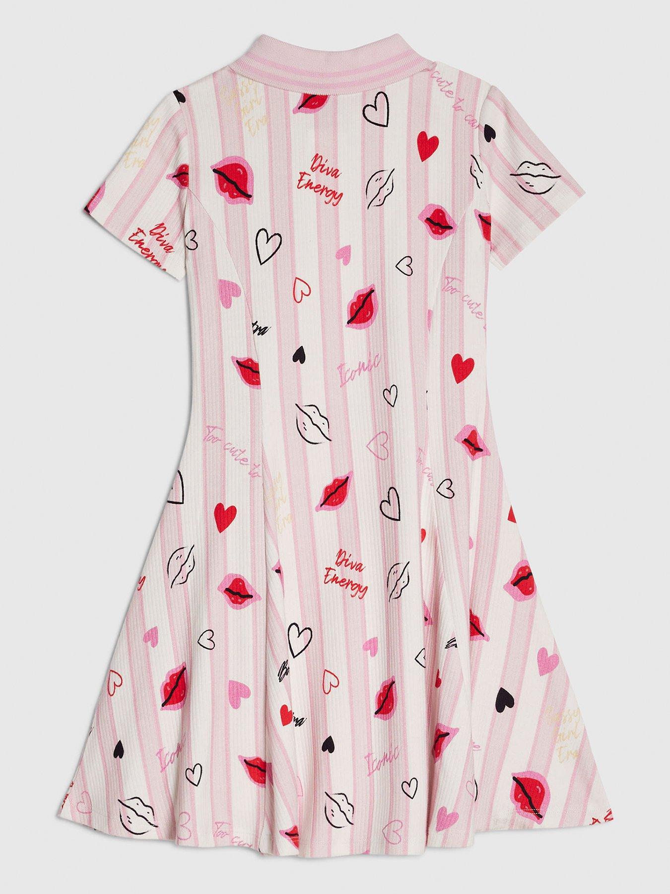 Image 2 of 4 of River Island Older Girls Stripe Lip Fit And Flared Dress - Pink