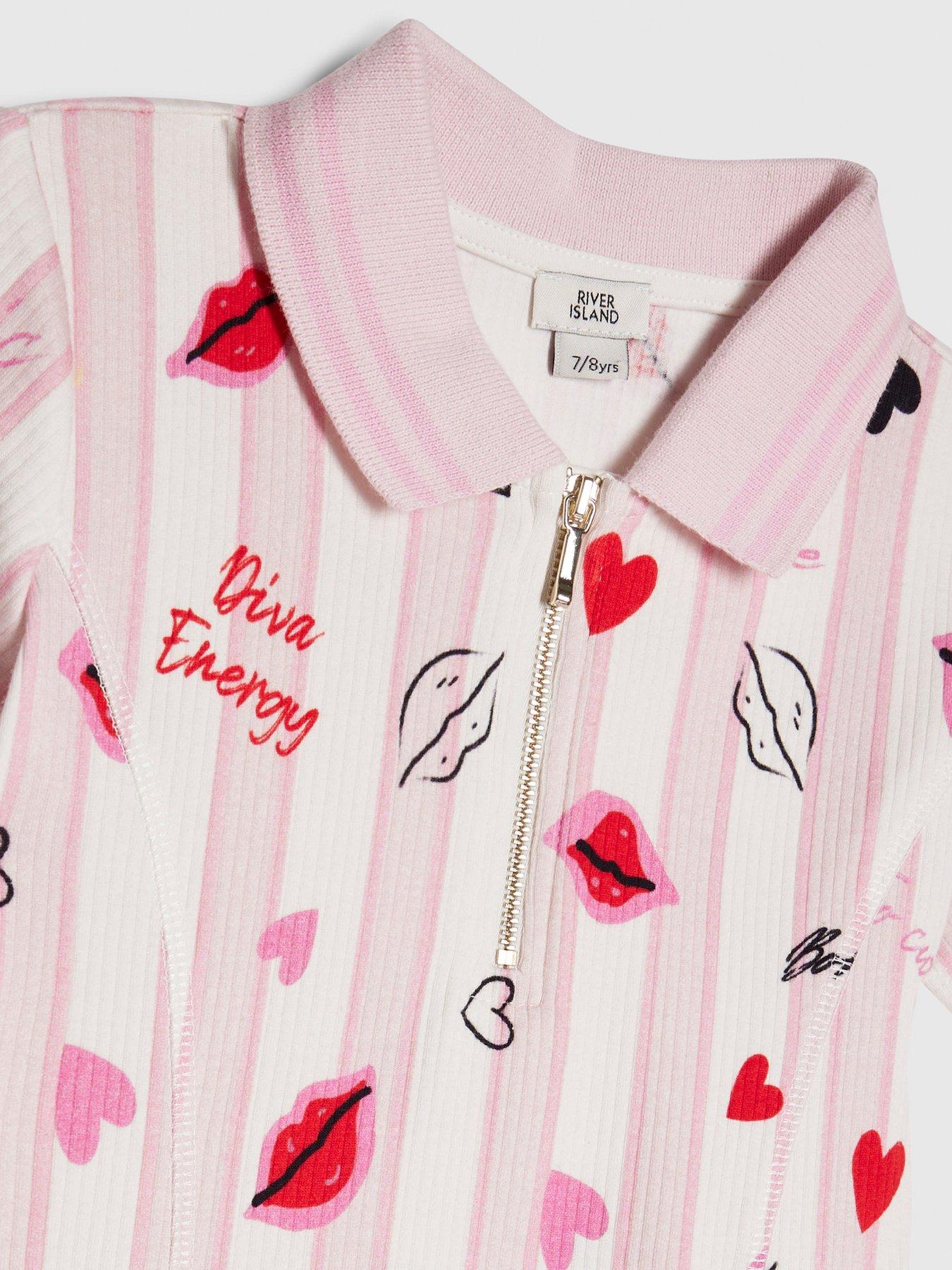 Image 4 of 4 of River Island Older Girls Stripe Lip Fit And Flared Dress - Pink