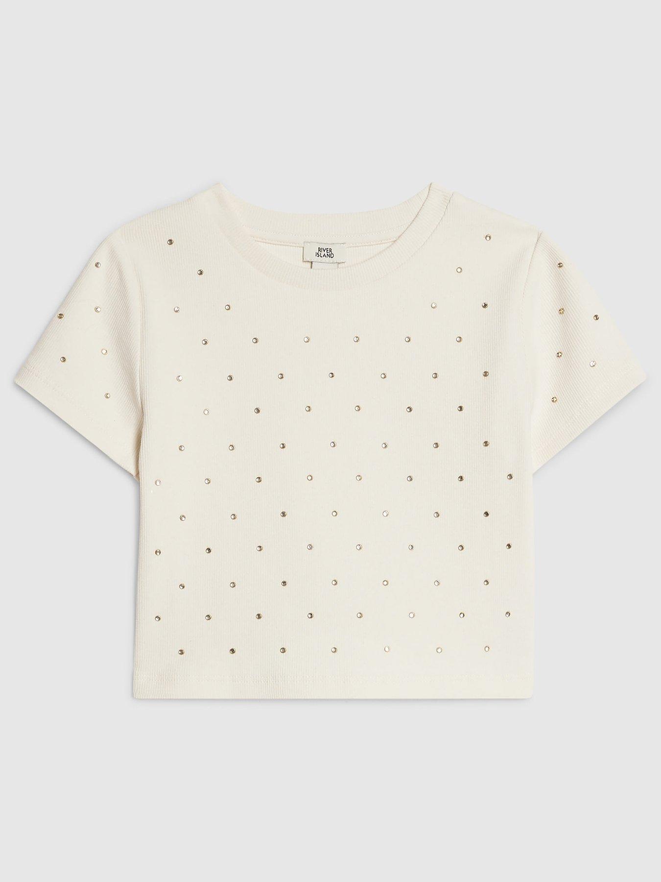 Image 1 of 4 of River Island Older Girls Studded Diamante T-Shirt - Cream