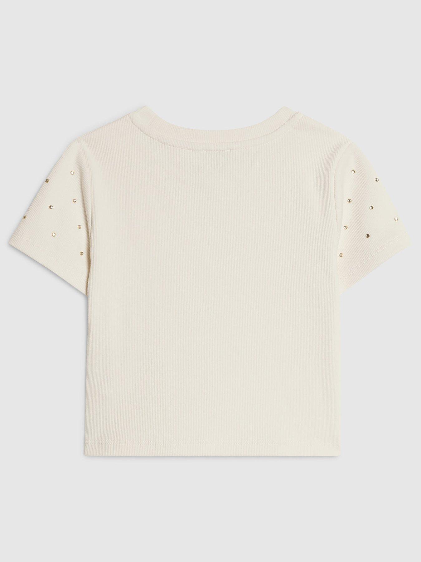 Image 2 of 4 of River Island Older Girls Studded Diamante T-Shirt - Cream