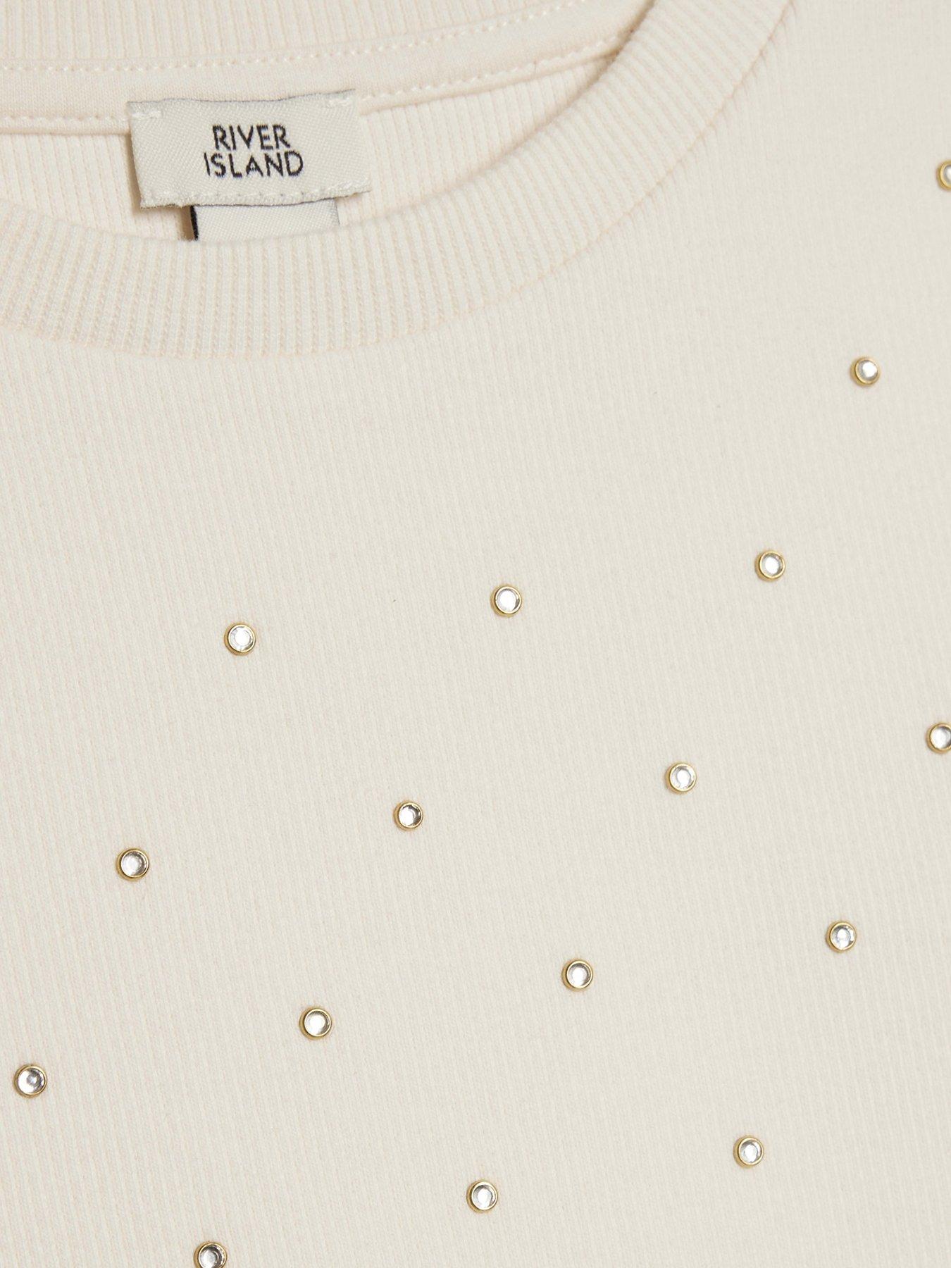 Image 4 of 4 of River Island Older Girls Studded Diamante T-Shirt - Cream
