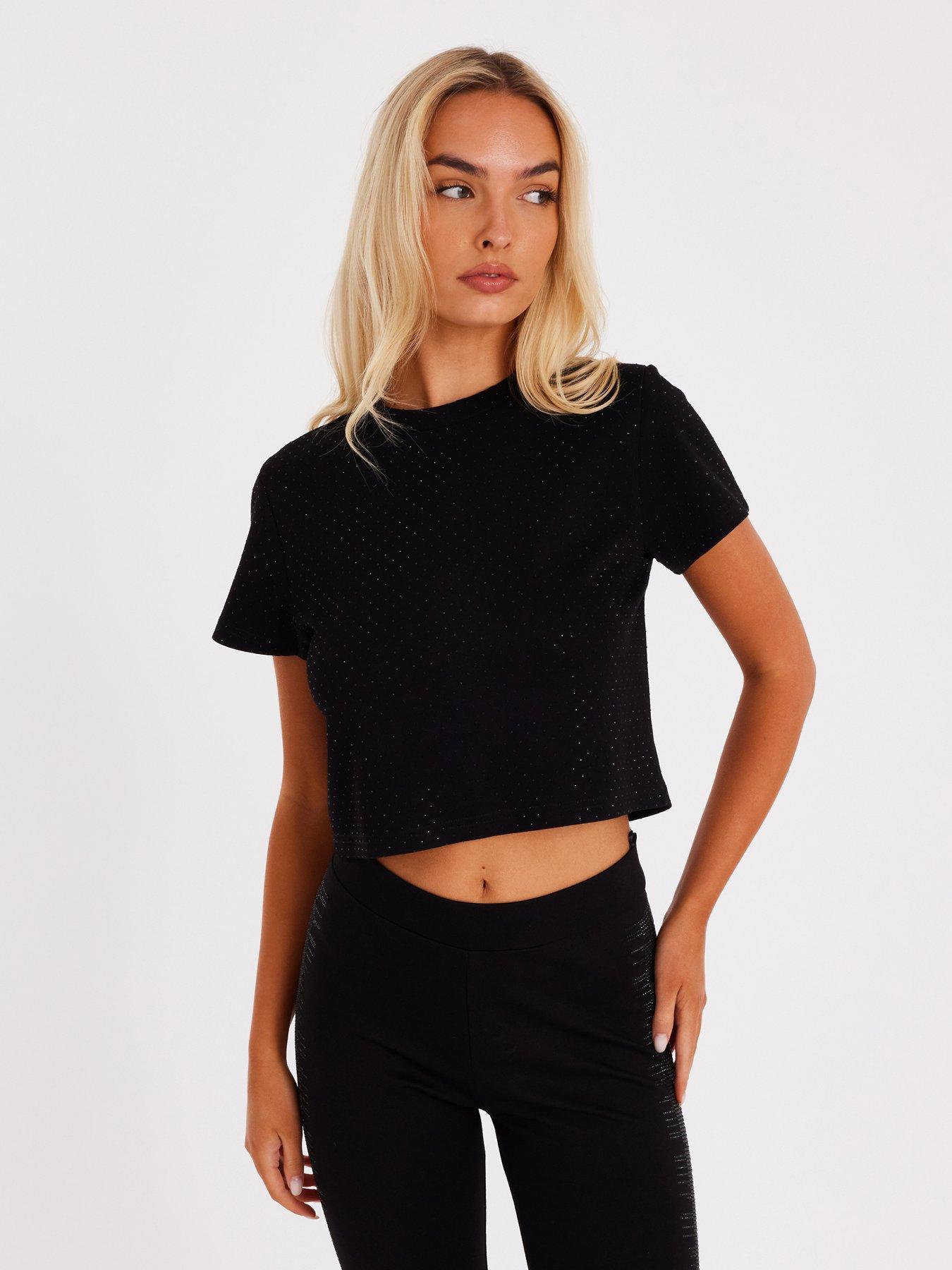 front image of quiz-black-glitter-cropped-t-shirt
