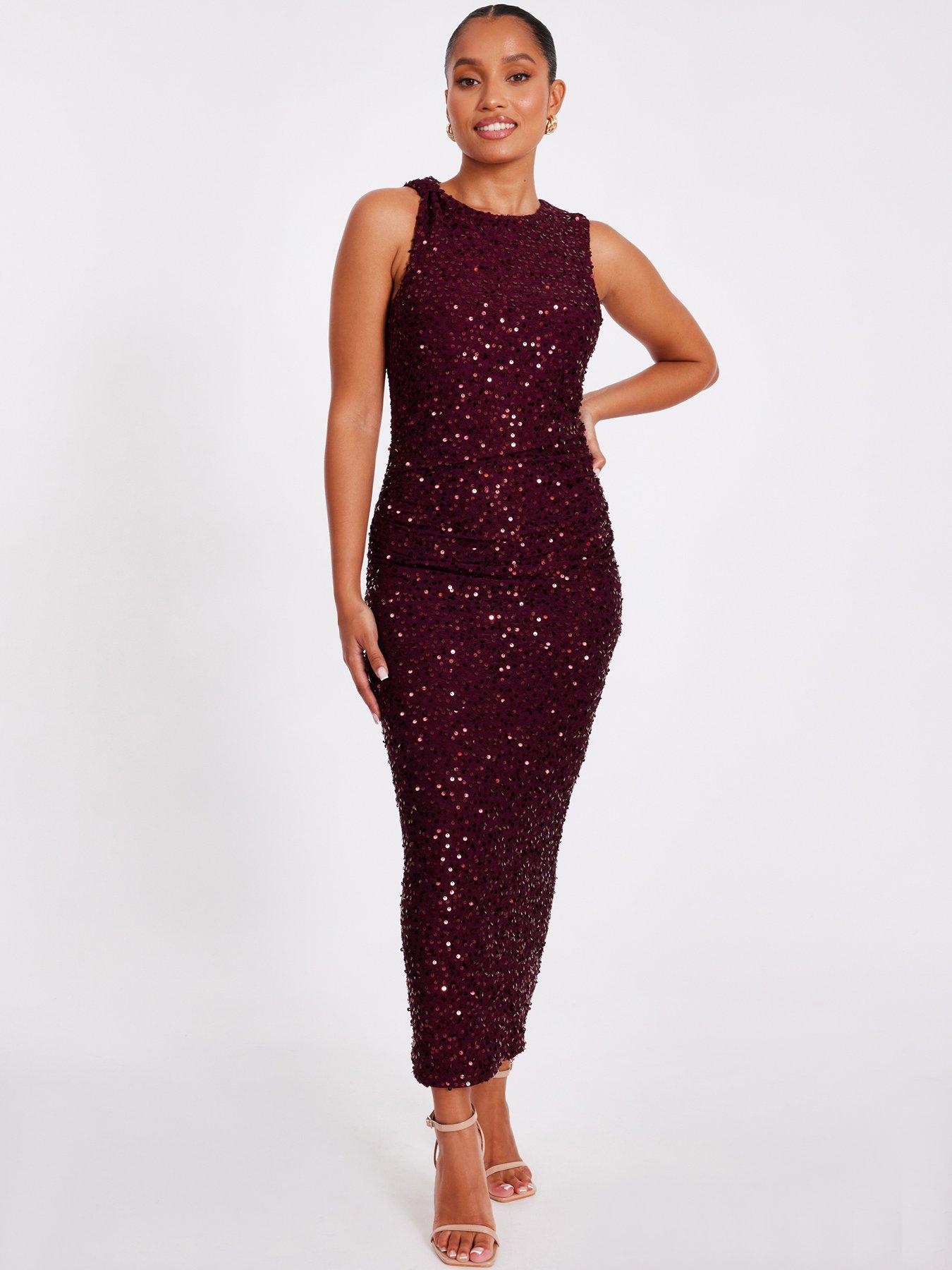  image of quiz-petite-berry-sequin-ruched-midaxi-dress