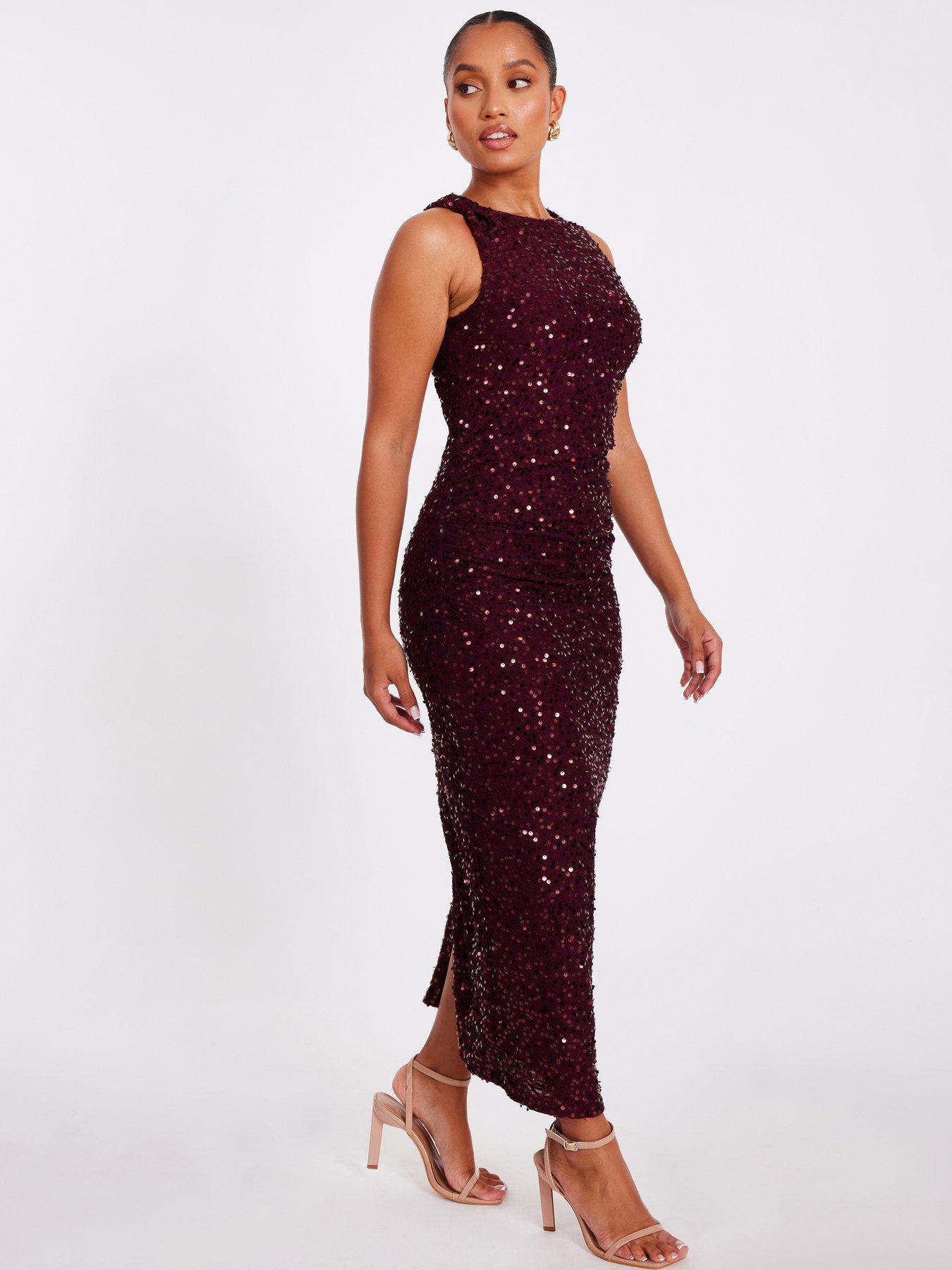  image of quiz-petite-berry-sequin-ruched-midaxi-dress