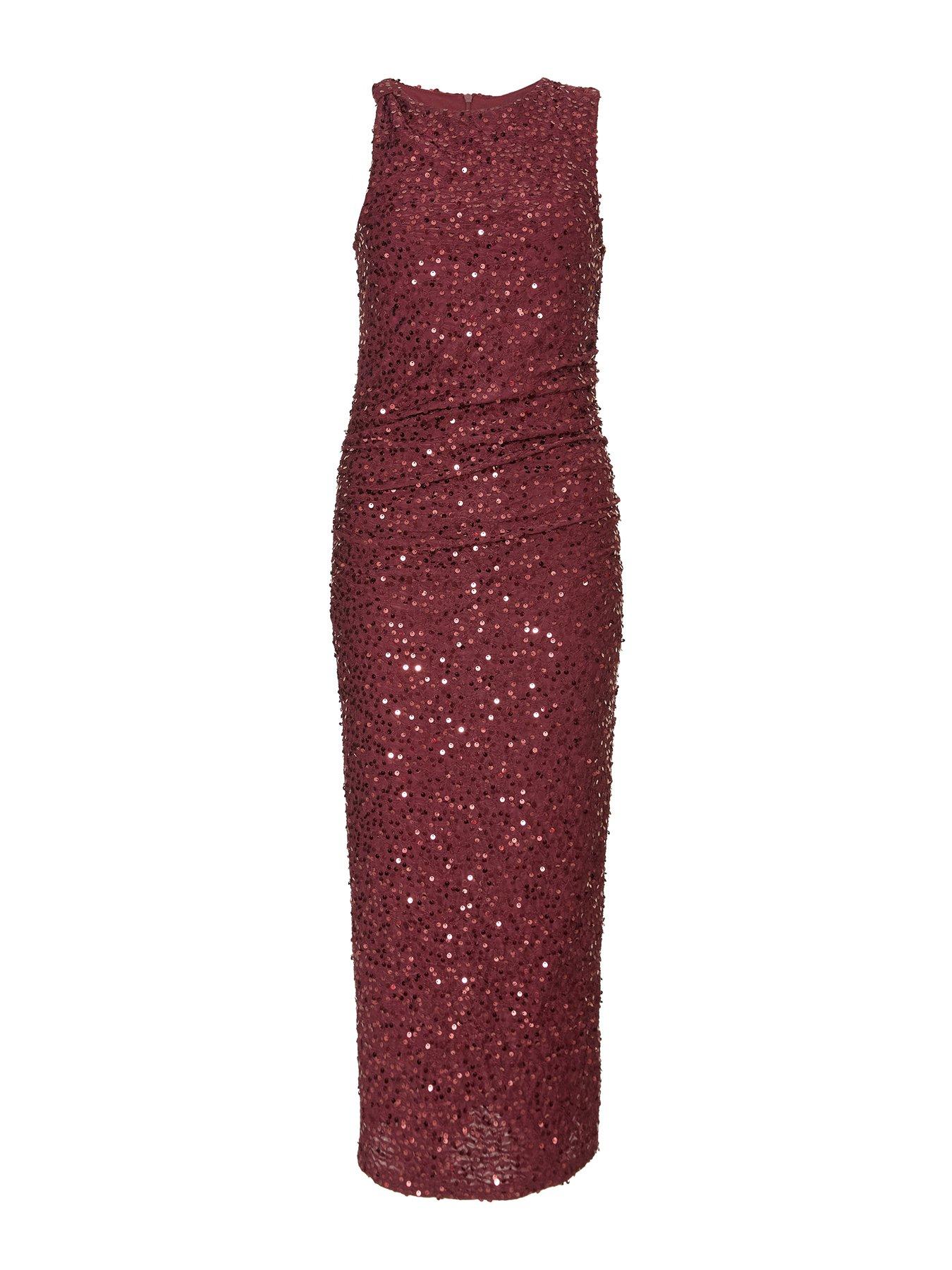  image of quiz-petite-berry-sequin-ruched-midaxi-dress