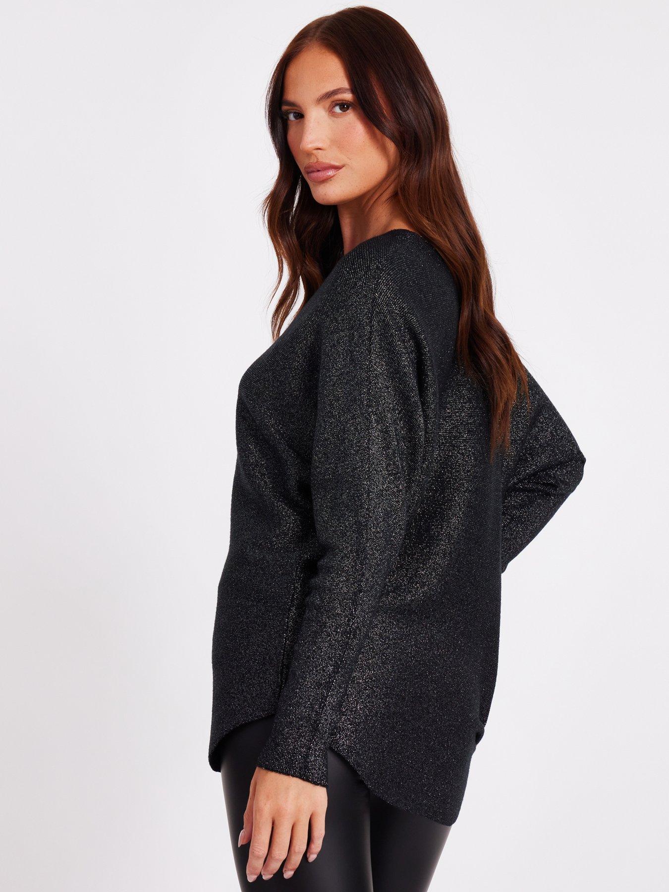 stillFront image of quiz-black-glitter-batwing-jumper