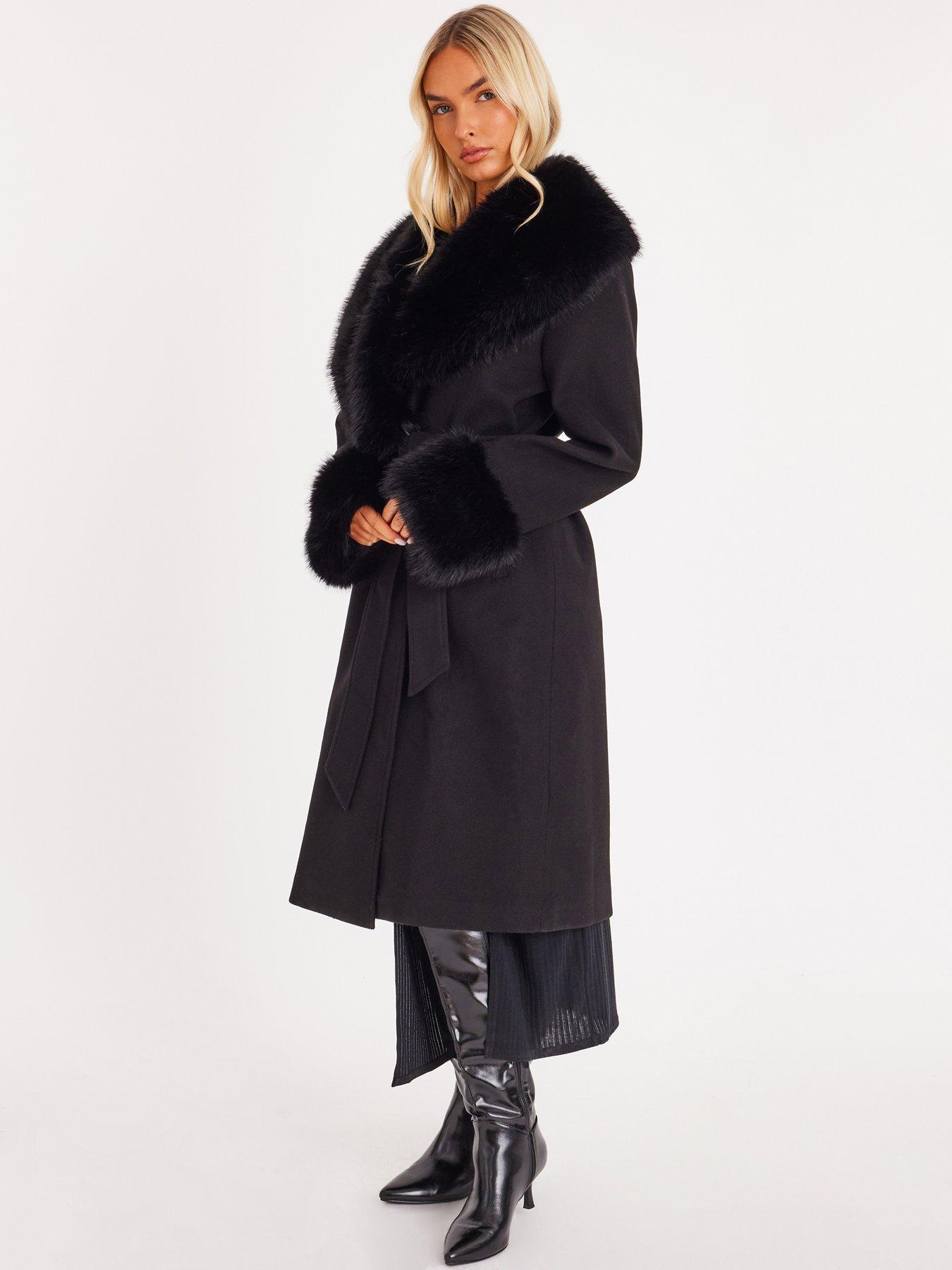 Quiz Black Faux Fur Trim Coat