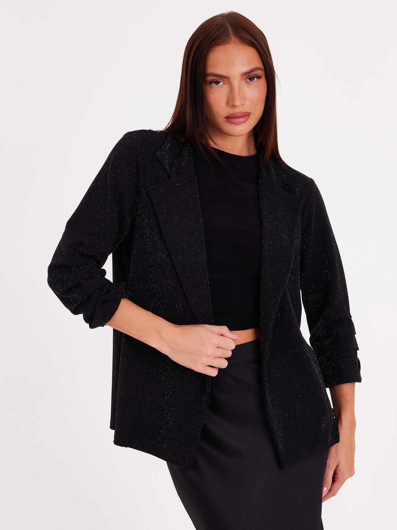 Image 1 of 6 of Quiz Black Velvet Cropped Blazer