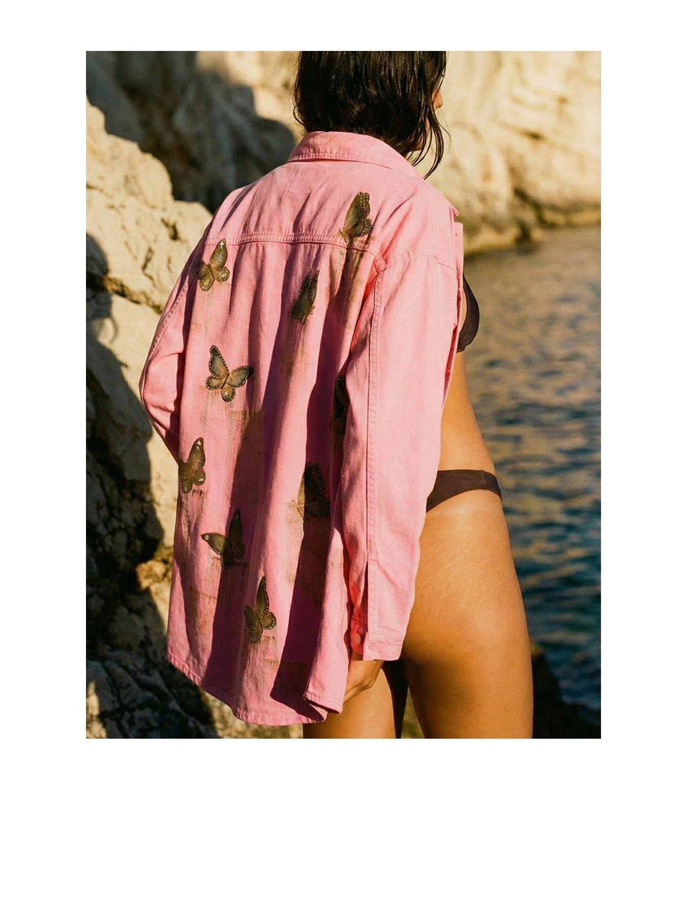 Sorena Long Line Butterfly Denim Jacket - Pink