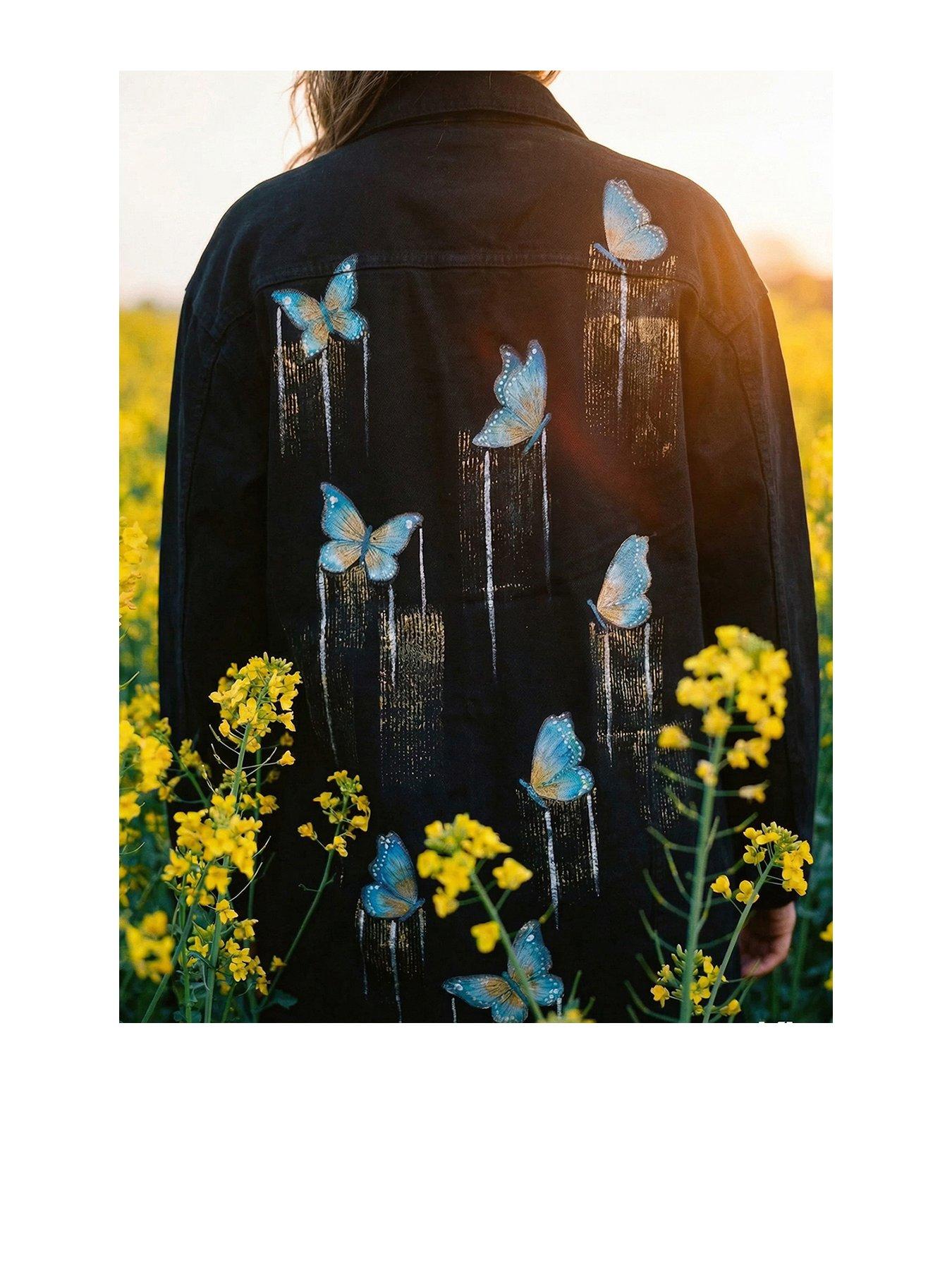 Sorena Long Line Butterfly Denim Jacket - Black