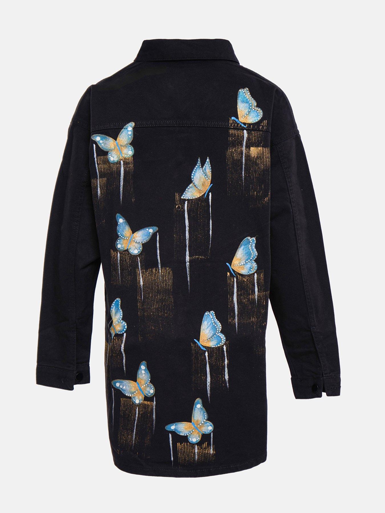 Image 3 of 3 of Sorena Long Line Butterfly Denim Jacket - Black
