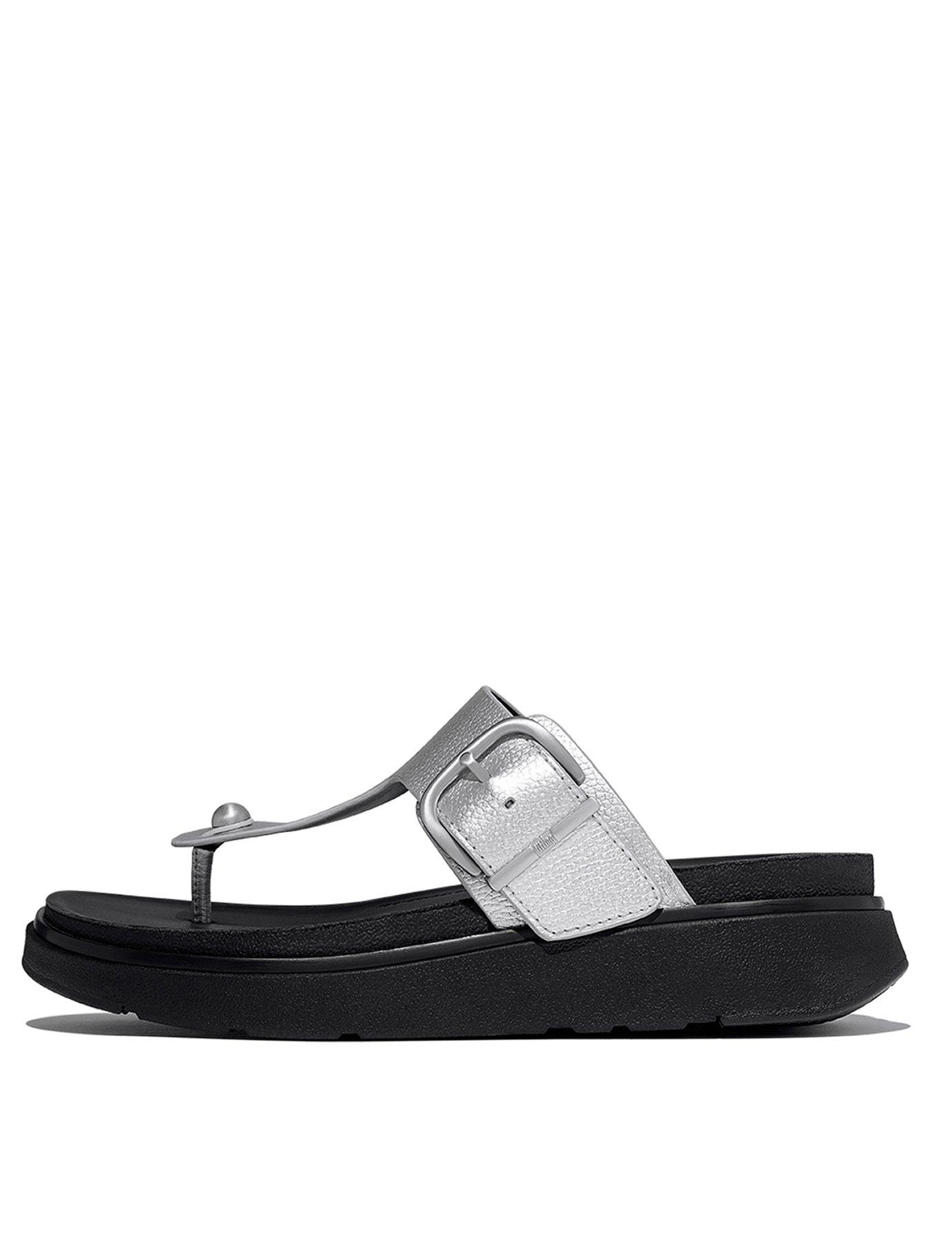 Image 2 of 5 of FitFlop Gen-Ff Buckle Tumbled-Leather Toe-Post Sandals - Silver
