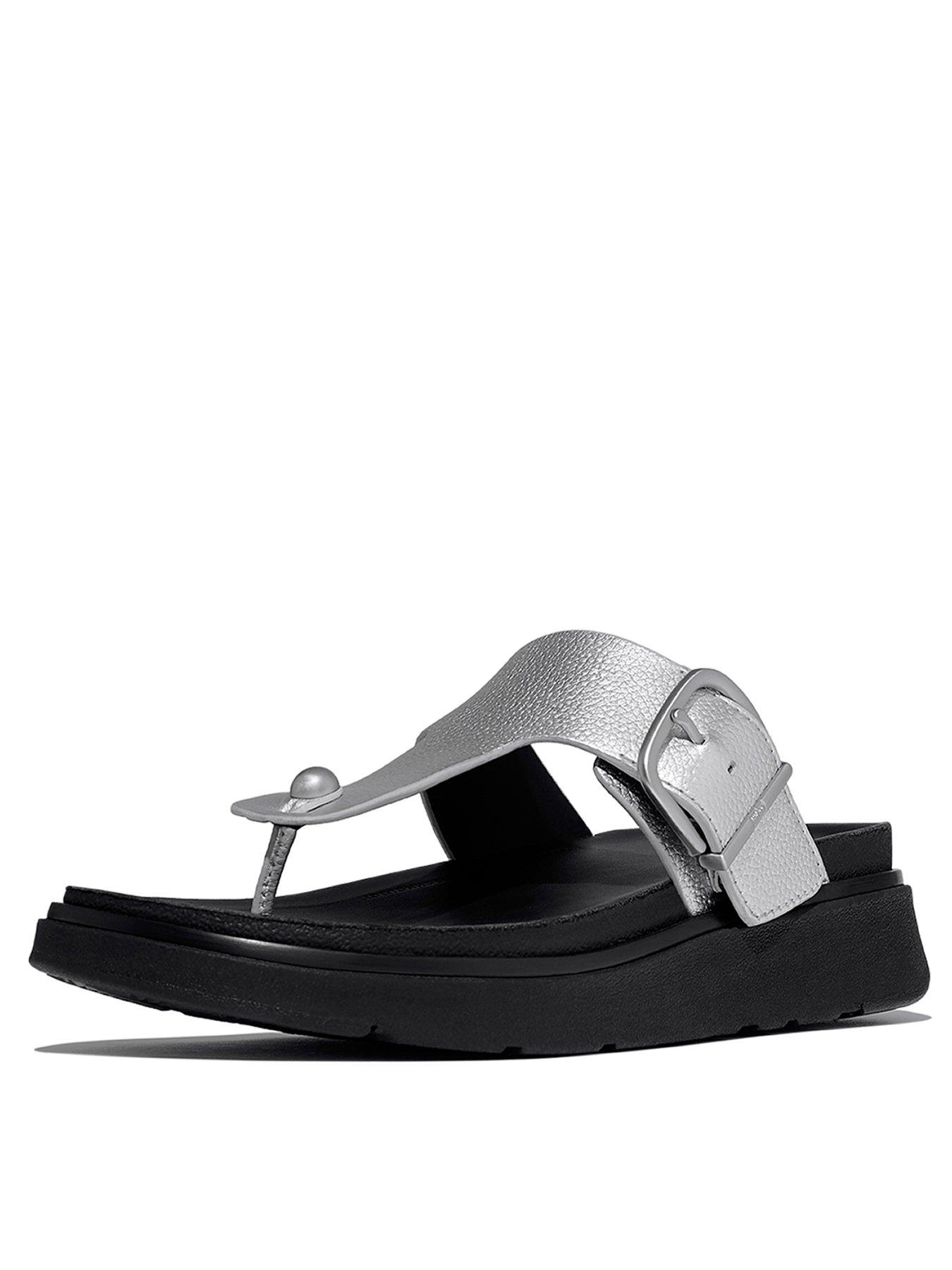 Image 3 of 5 of FitFlop Gen-Ff Buckle Tumbled-Leather Toe-Post Sandals - Silver