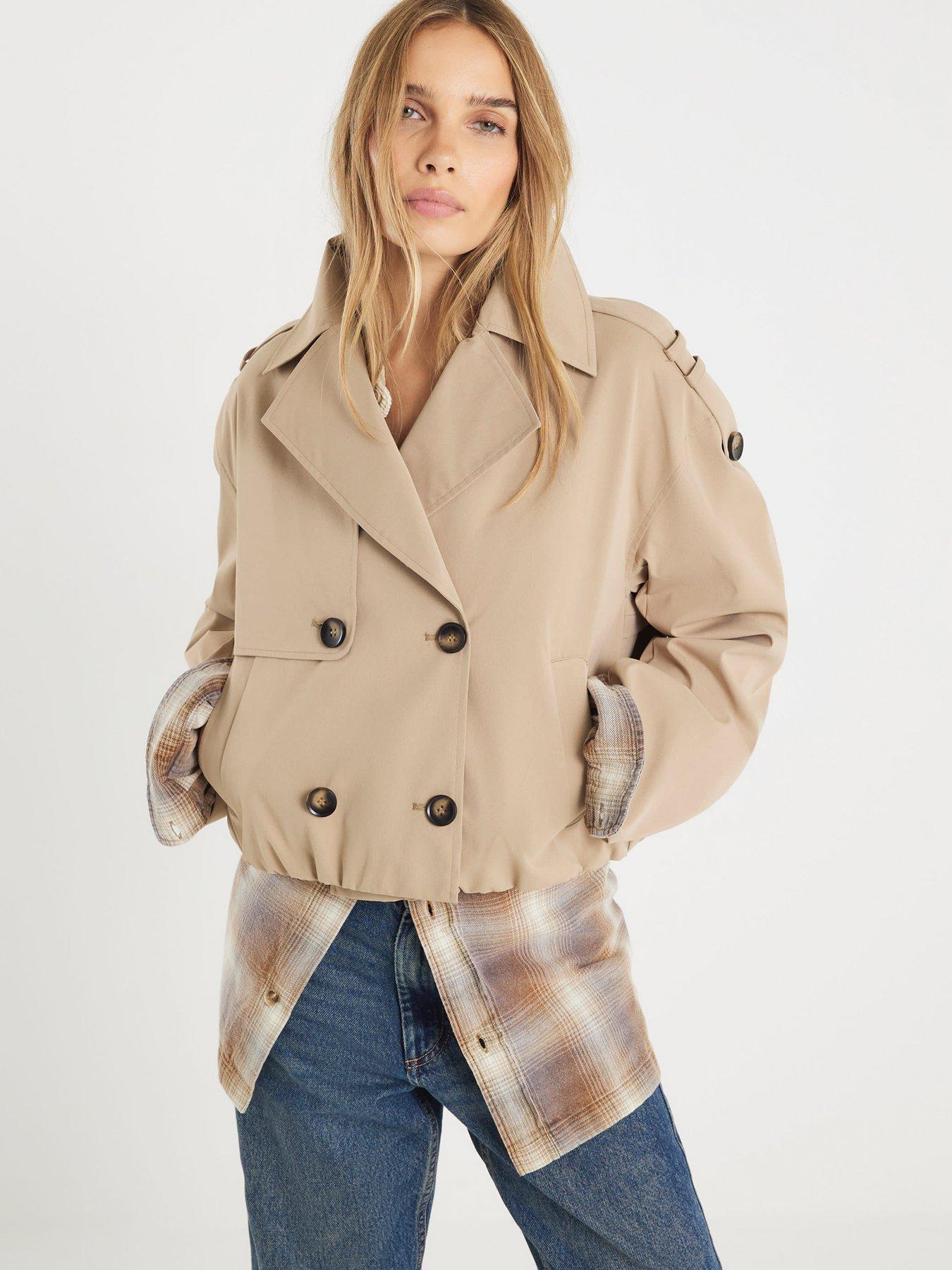 front image of river-island-short-bubble-hem-trench-beige