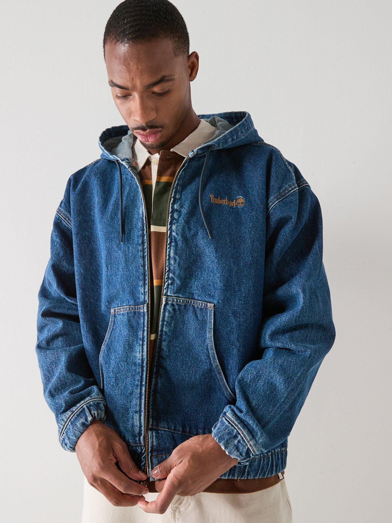 front image of timberland-full-zip-hooded-denim-bomber-jacket-blue