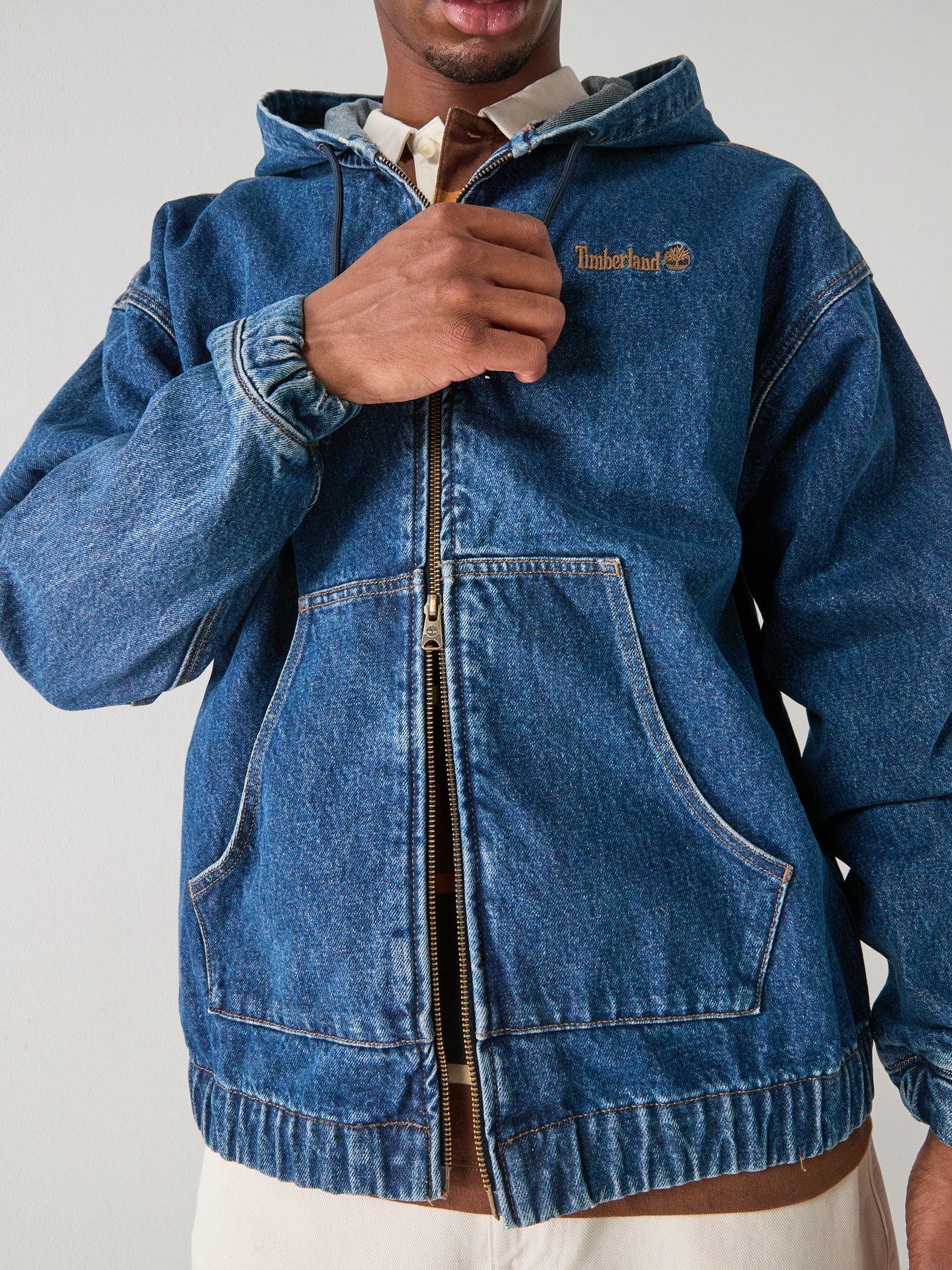  image of timberland-full-zip-hooded-denim-bomber-jacket-blue
