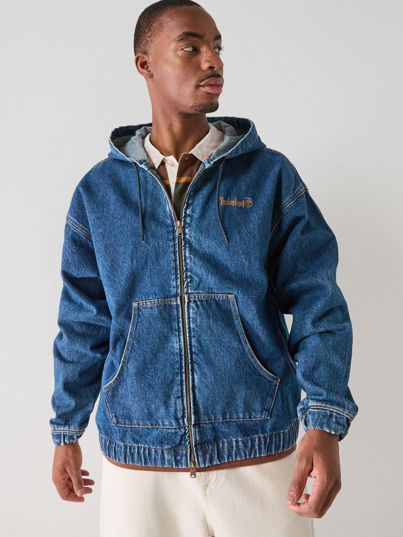  image of timberland-full-zip-hooded-denim-bomber-jacket-blue