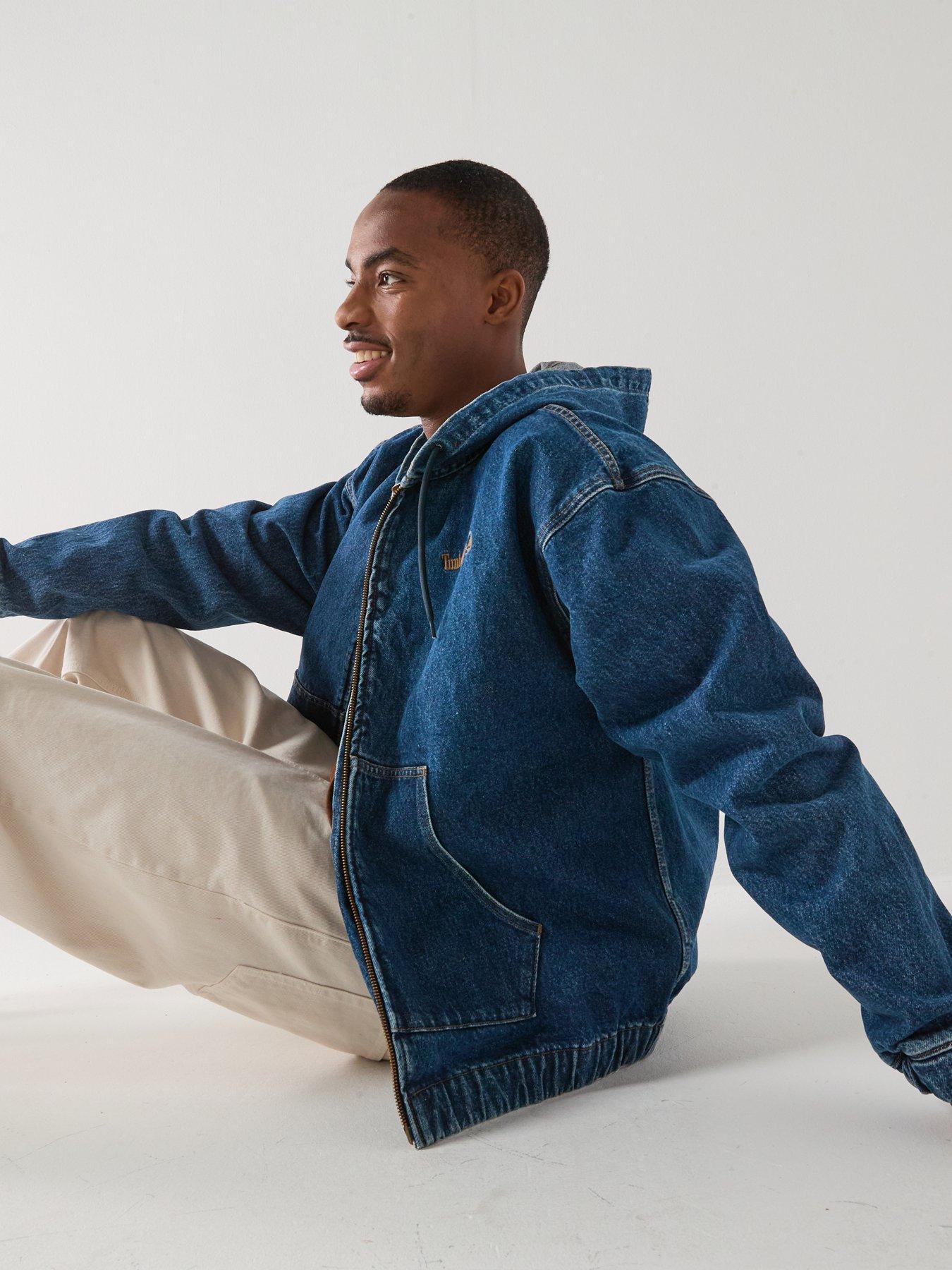  image of timberland-full-zip-hooded-denim-bomber-jacket-blue